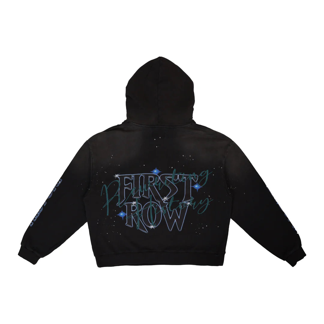 First Row Ancestral Call Honorbound heavy washed cropped hoodie with rhinestones, rib-knit cuffs and hem, kanga pocket, and adjustable drawstring hood