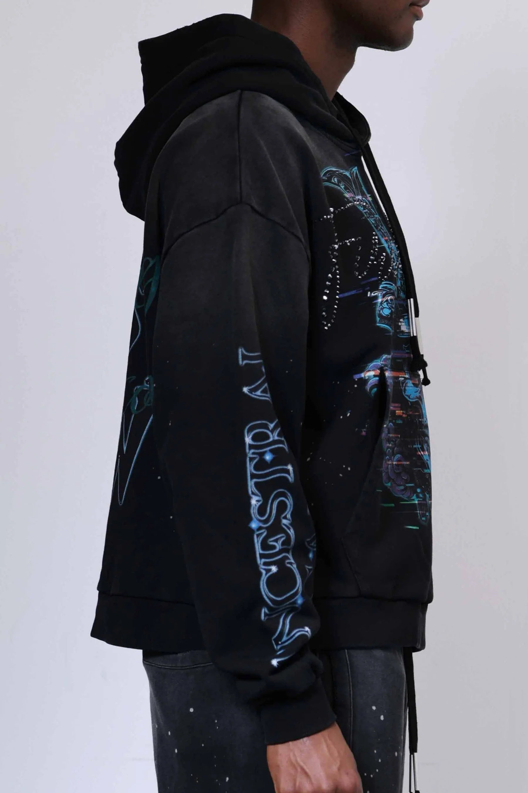 First Row Ancestral Call Honorbound heavy washed cropped hoodie with rhinestones, rib-knit cuffs and hem, kanga pocket, and adjustable drawstring hood