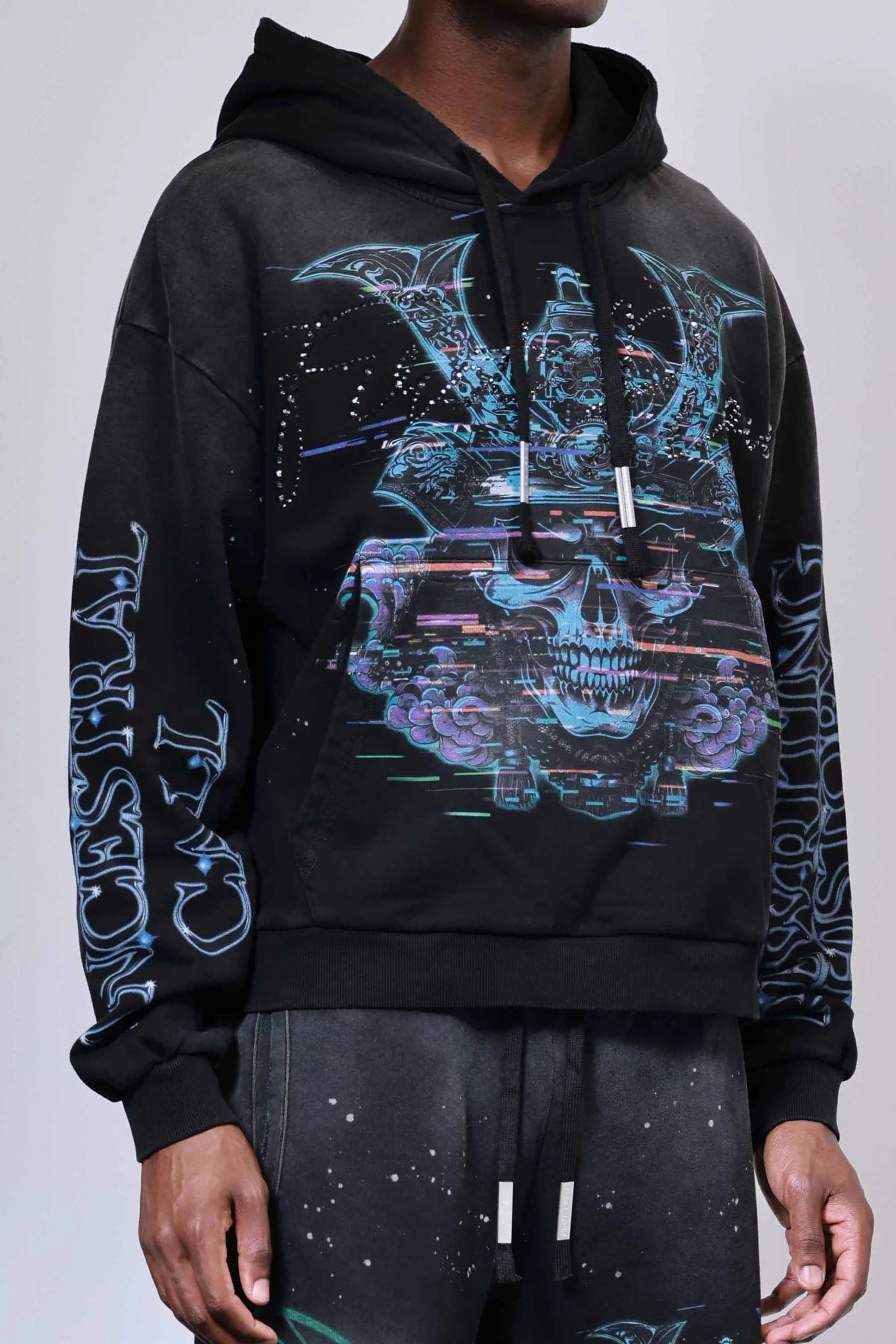 First Row Ancestral Call Honorbound heavy washed cropped hoodie with rhinestones, rib-knit cuffs and hem, kanga pocket, and adjustable drawstring hood