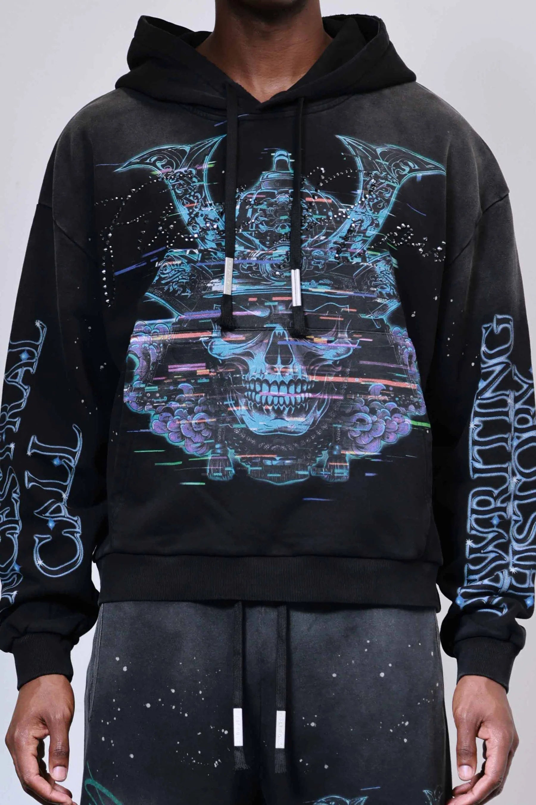 First Row Ancestral Call Honorbound heavy washed cropped hoodie with rhinestones, rib-knit cuffs and hem, kanga pocket, and adjustable drawstring hood