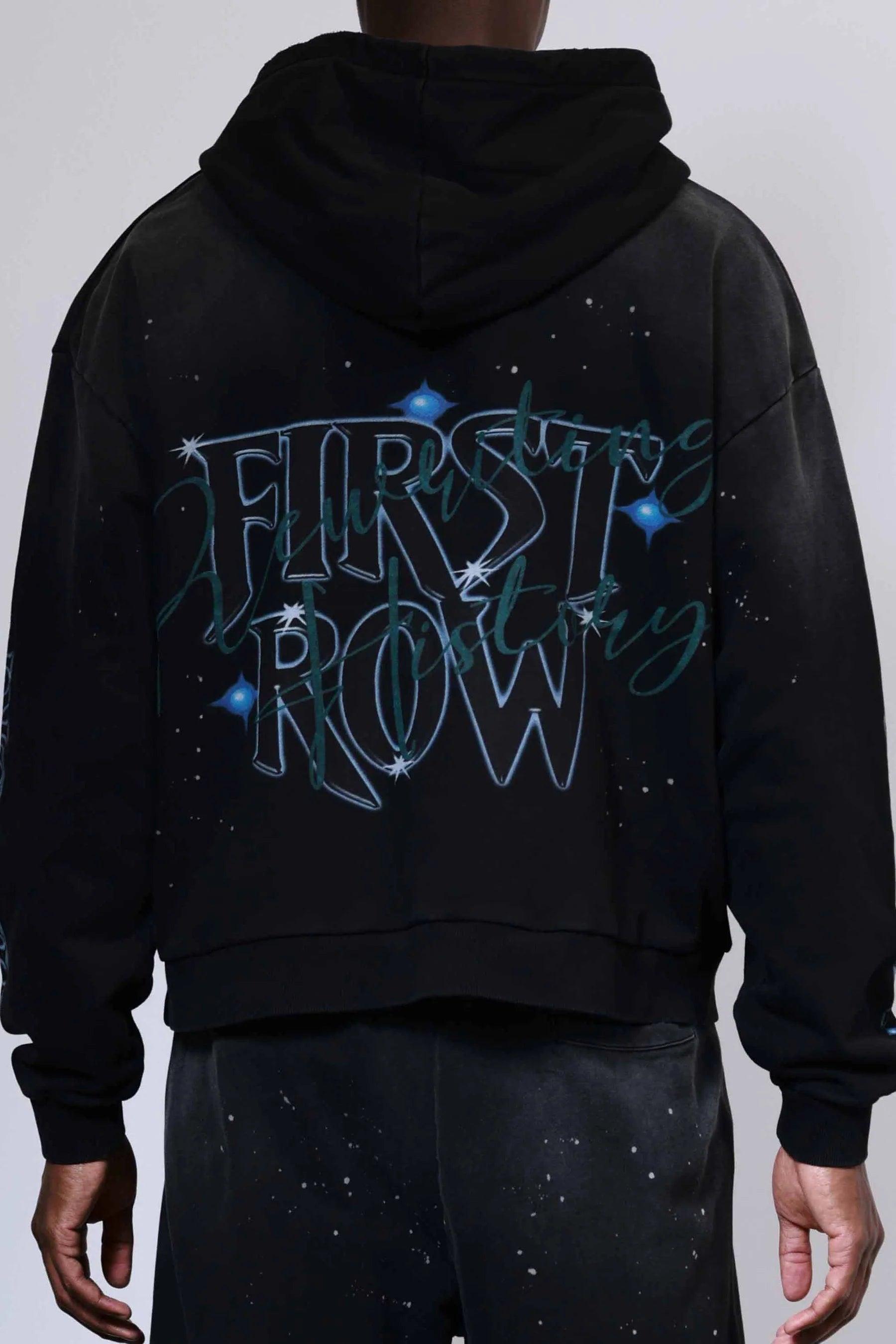 First Row Ancestral Call Honorbound heavy washed cropped hoodie with rhinestones, rib-knit cuffs and hem, kanga pocket, and adjustable drawstring hood