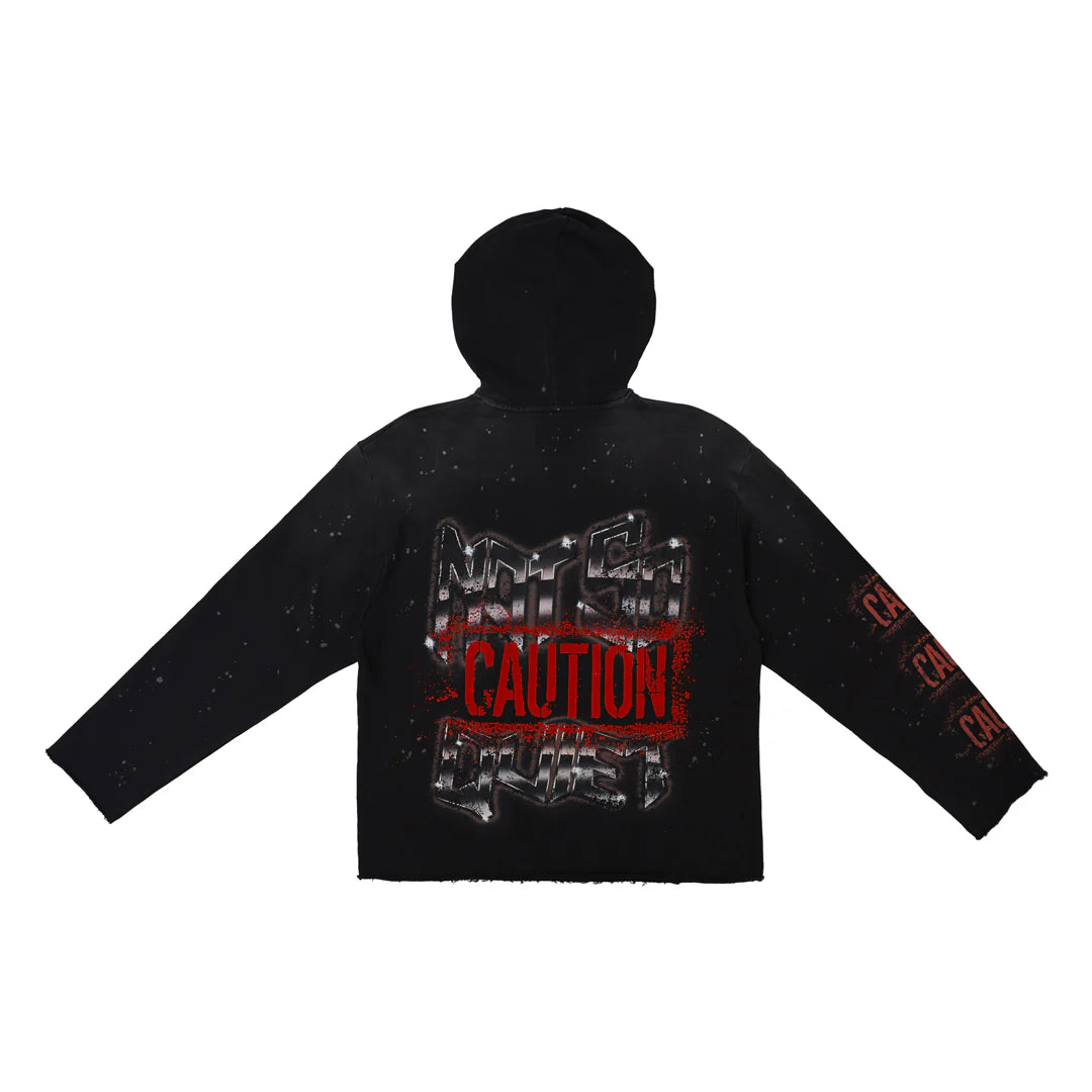First Row Caution Not So Quiet Ghost Rider Flames open-bottom sweat hoodie with flock detailing, slightly oversized fit, raw edge hem, kanga pocket, and adjustable drawstring hood