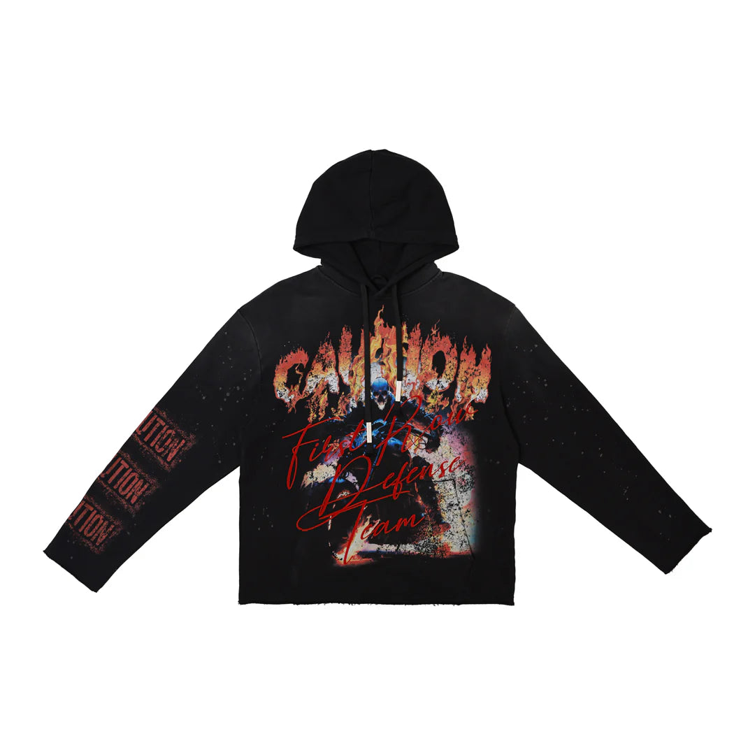 First Row Caution Not So Quiet Ghost Rider Flames open-bottom sweat hoodie with flock detailing, slightly oversized fit, raw edge hem, kanga pocket, and adjustable drawstring hood