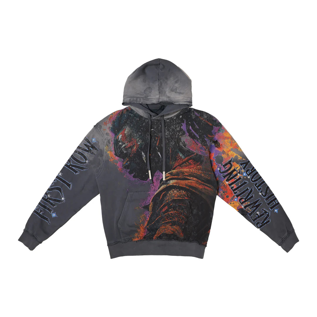 Firstrow ANCESTRAL CALL SPIRIT WALKER Hoodie in heavy washed fabric with rhinestones, oversized fit, raw edge hem, and kanga pocket.