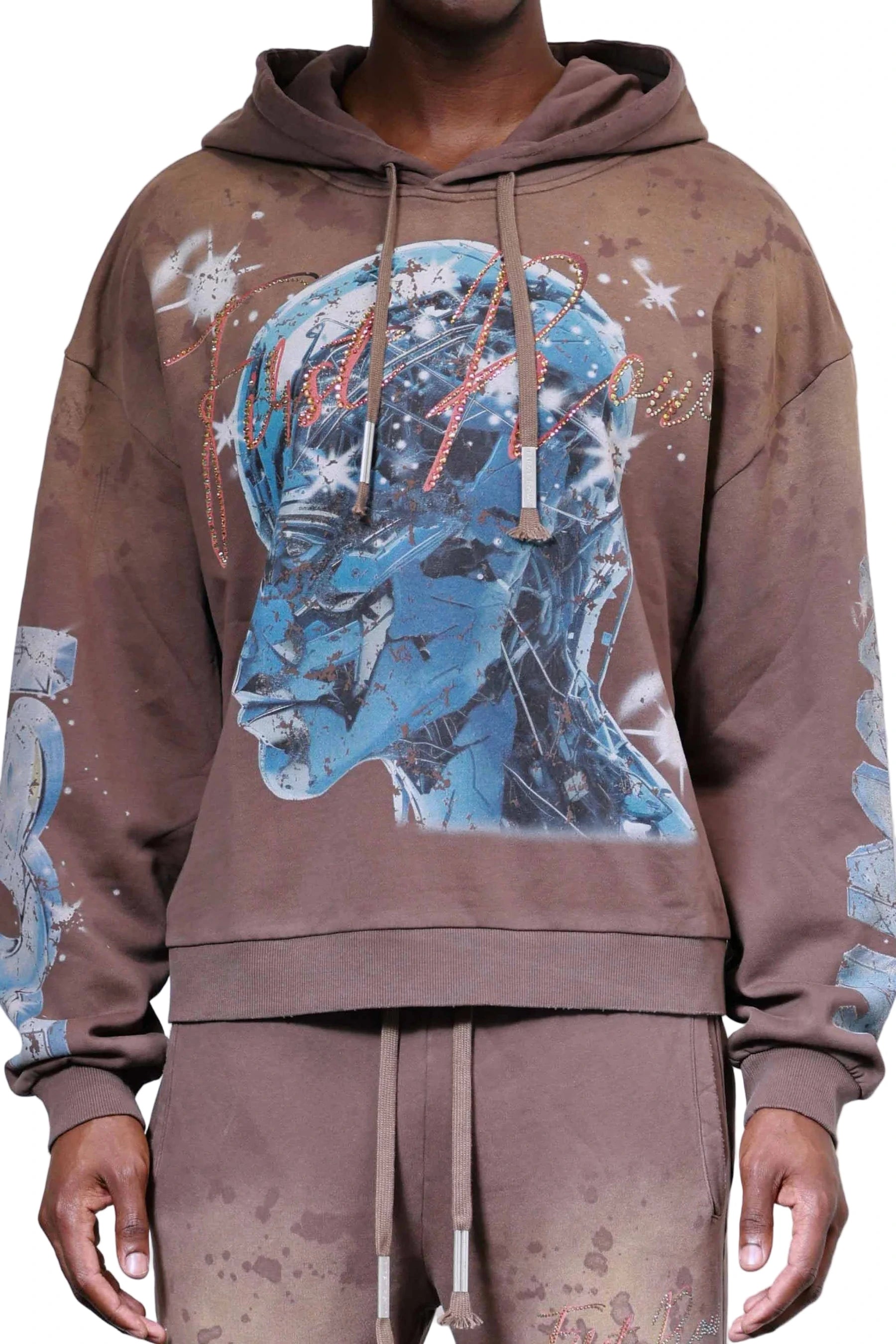 POST HUMAN NEW BORN cropped heavy washed hoodie with rhinestone details and adjustable drawstring hood