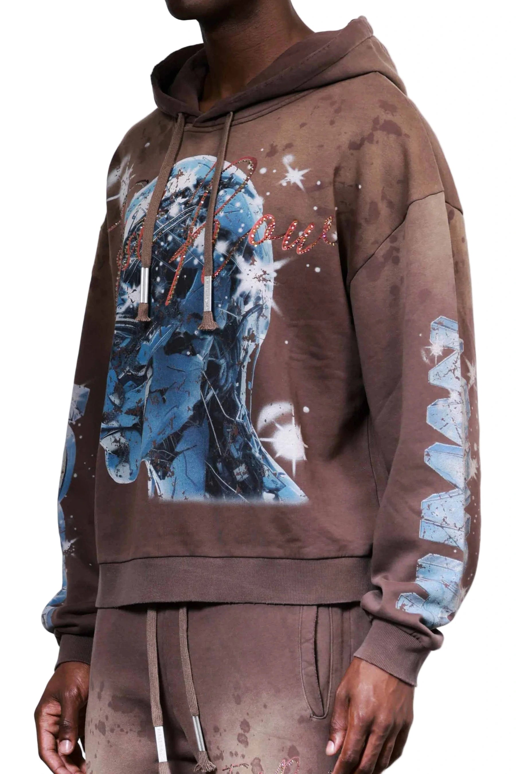 POST HUMAN NEW BORN cropped heavy washed hoodie with rhinestone details and adjustable drawstring hood