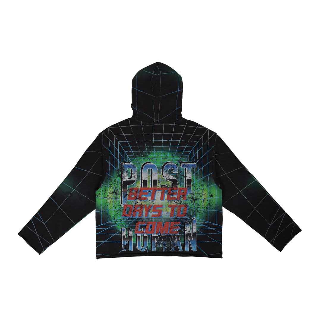 First Row Post Human Matrix heavy washed hoodie with rhinestones, slightly oversized fit, raw edge hem, and adjustable drawstring hood