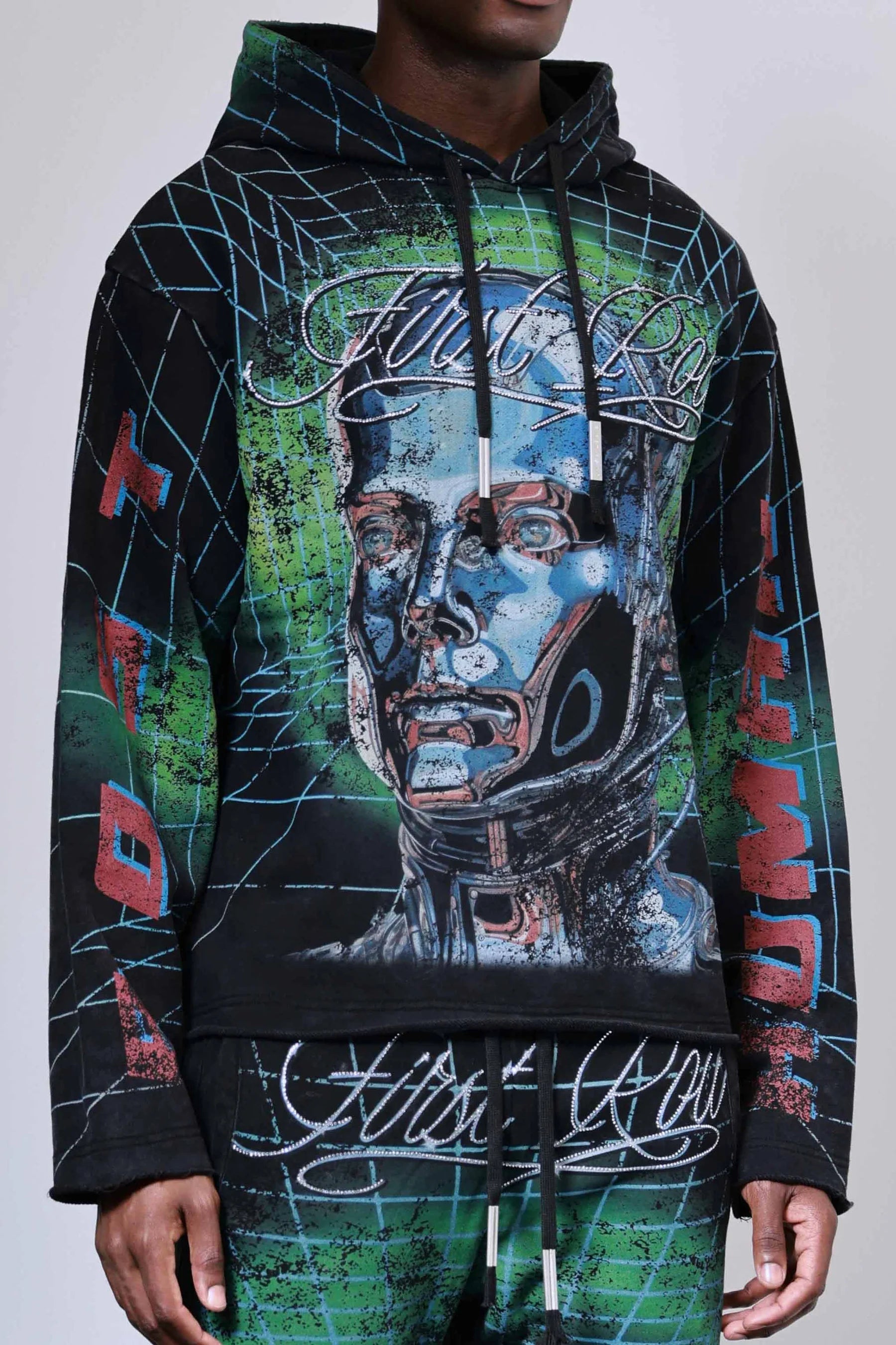 First Row Post Human Matrix heavy washed hoodie with rhinestones, slightly oversized fit, raw edge hem, and adjustable drawstring hood