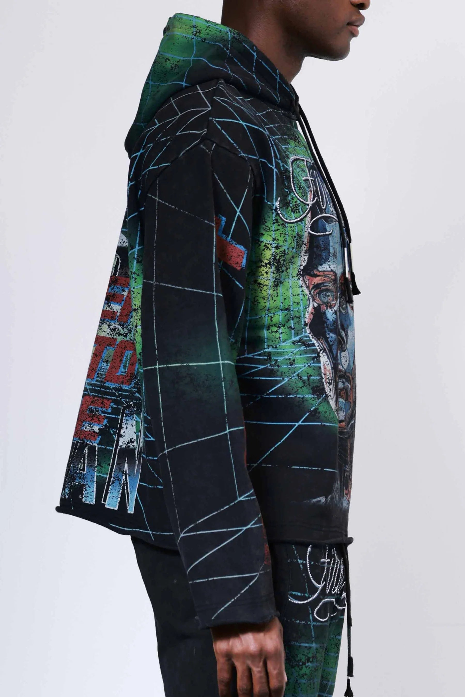 First Row Post Human Matrix heavy washed hoodie with rhinestones, slightly oversized fit, raw edge hem, and adjustable drawstring hood