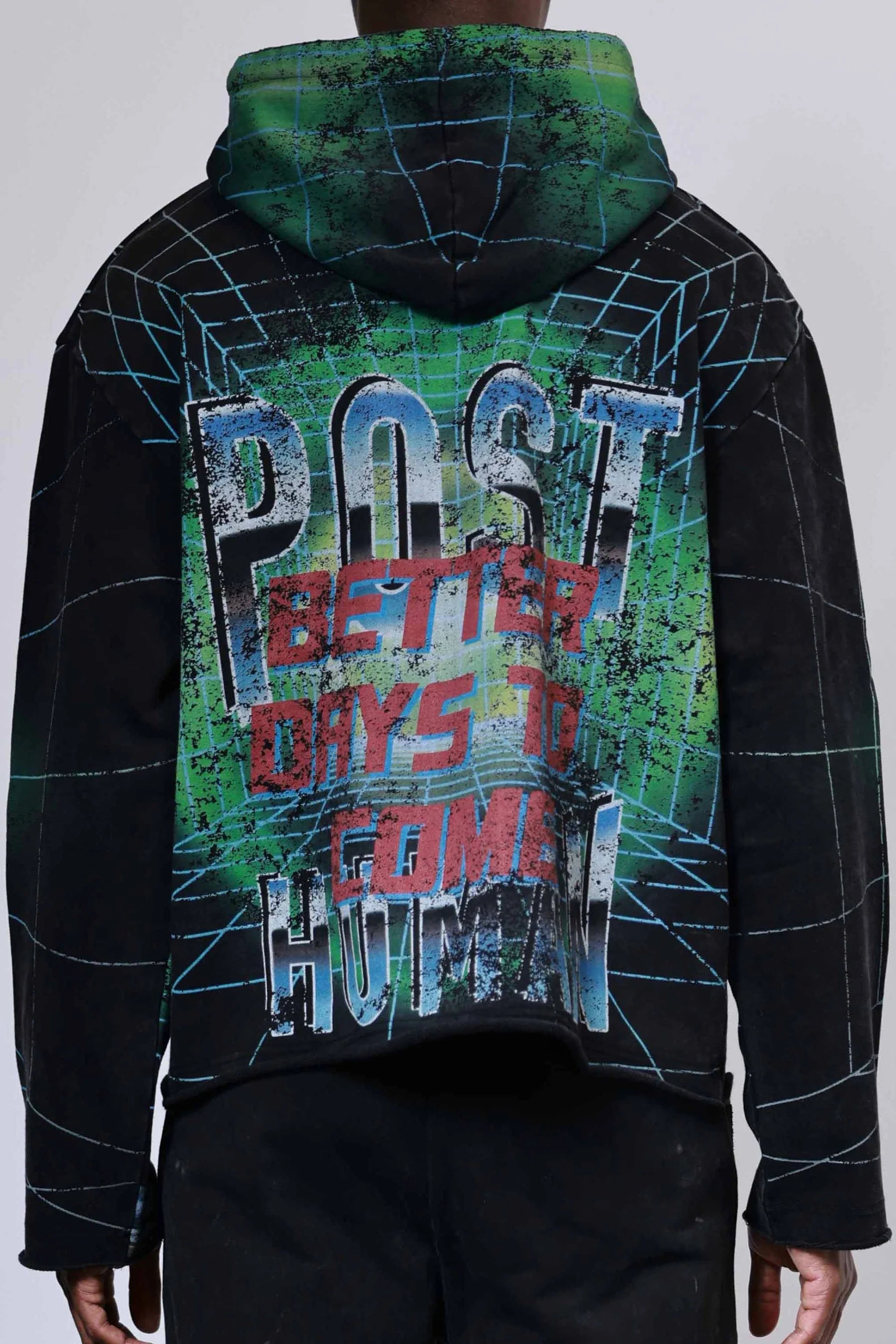 First Row Post Human Matrix heavy washed hoodie with rhinestones, slightly oversized fit, raw edge hem, and adjustable drawstring hood