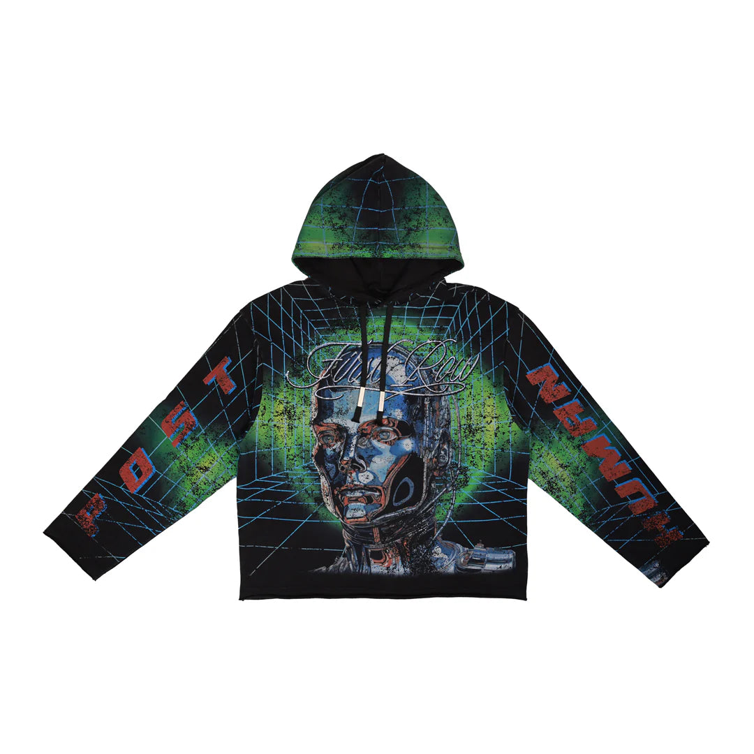 First Row Post Human Matrix heavy washed hoodie with rhinestones, slightly oversized fit, raw edge hem, and adjustable drawstring hood