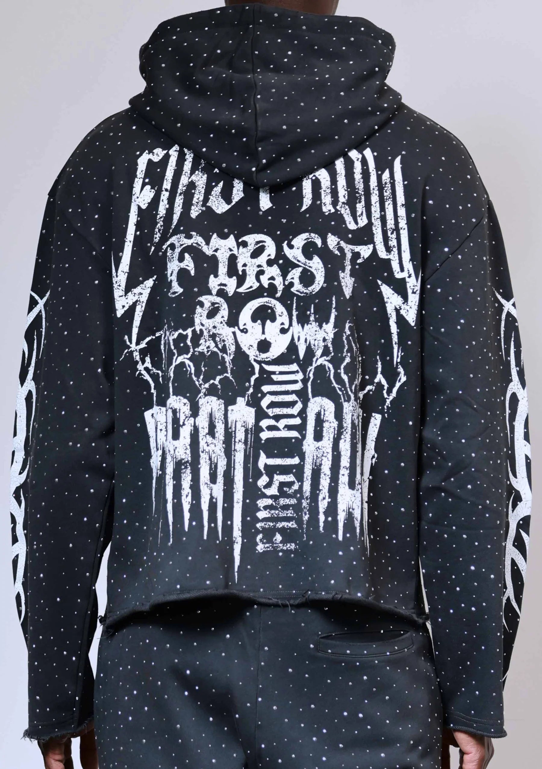Grey First Row Y2k Tribal Allover Stud full-zip hoodie with applique embroidery, stone accents, bleach splash wash effect, drawstring hood, and front kanga pocket