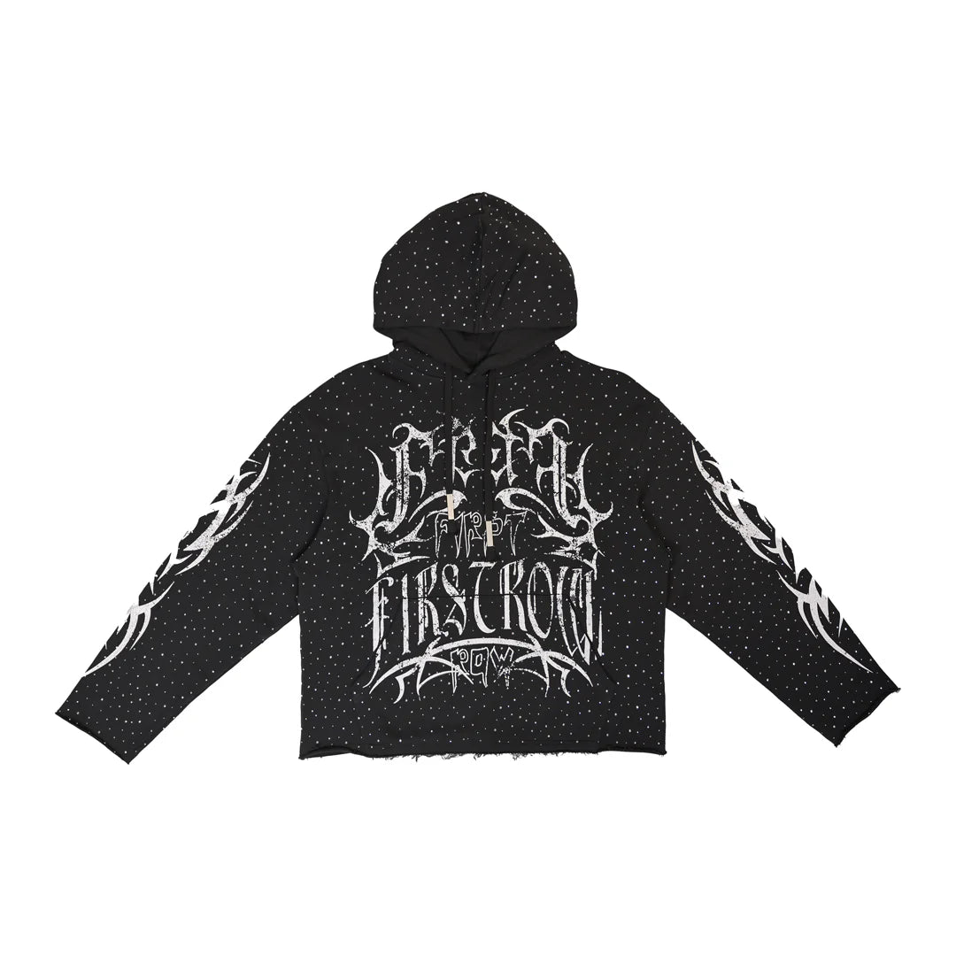 Grey First Row Y2k Tribal Allover Stud full-zip hoodie with applique embroidery, stone accents, bleach splash wash effect, drawstring hood, and front kanga pocket