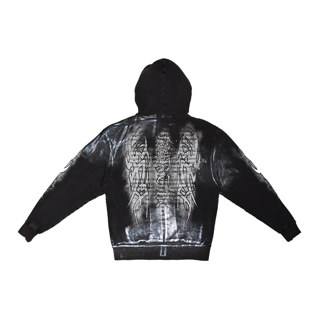 Grey First Row Y2K Tribal full-zip hoodie with metallic effect, drawstring hood, front kanga pocket, and zip-fly closure