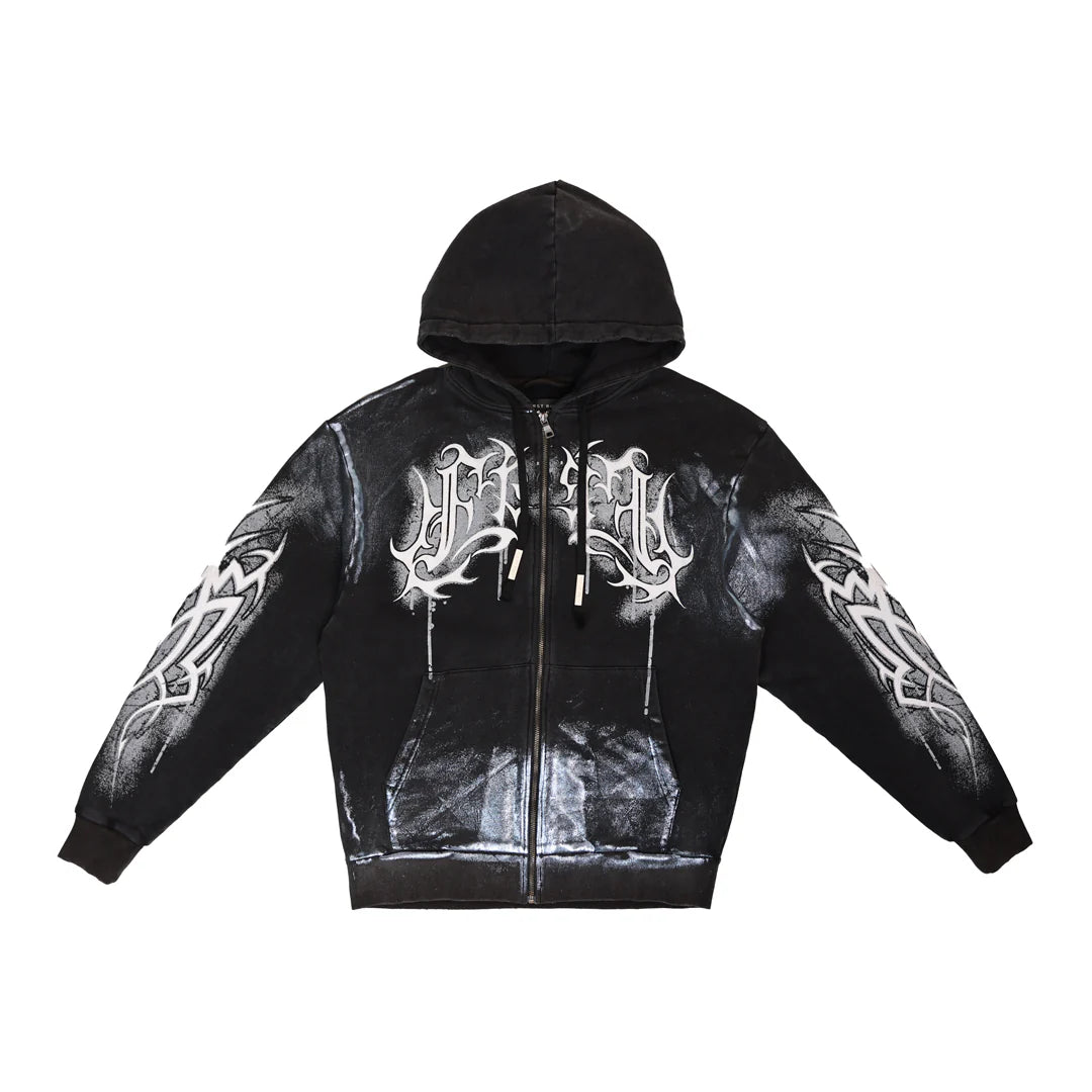 Grey First Row Y2K Tribal full-zip hoodie with metallic effect, drawstring hood, front kanga pocket, and zip-fly closure