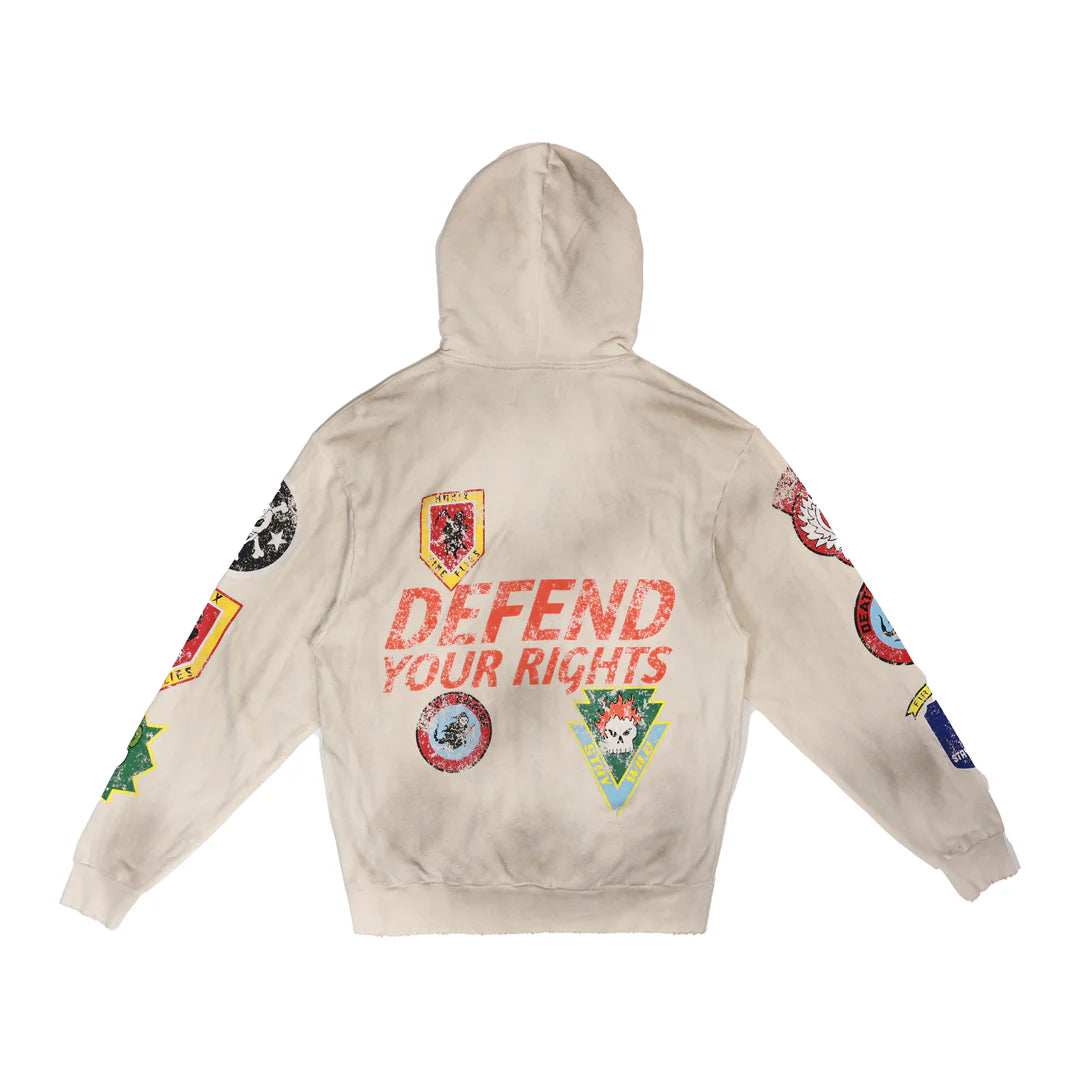 Grey First Row Logo Allover full-zip hoodie with patch detailing, drawstring hood, front welt pocket, and zip-up closure