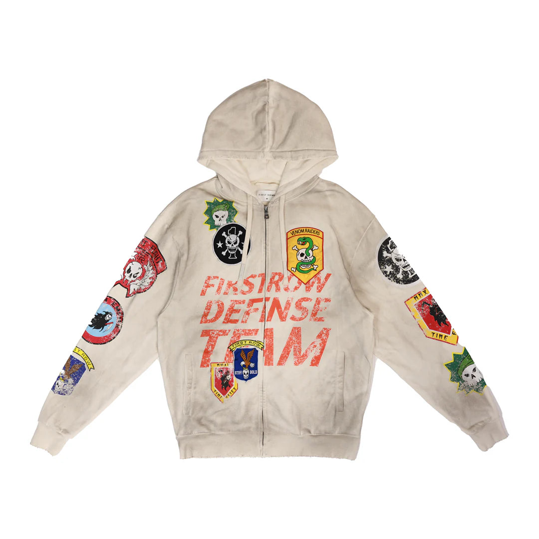 Grey First Row Logo Allover full-zip hoodie with patch detailing, drawstring hood, front welt pocket, and zip-up closure