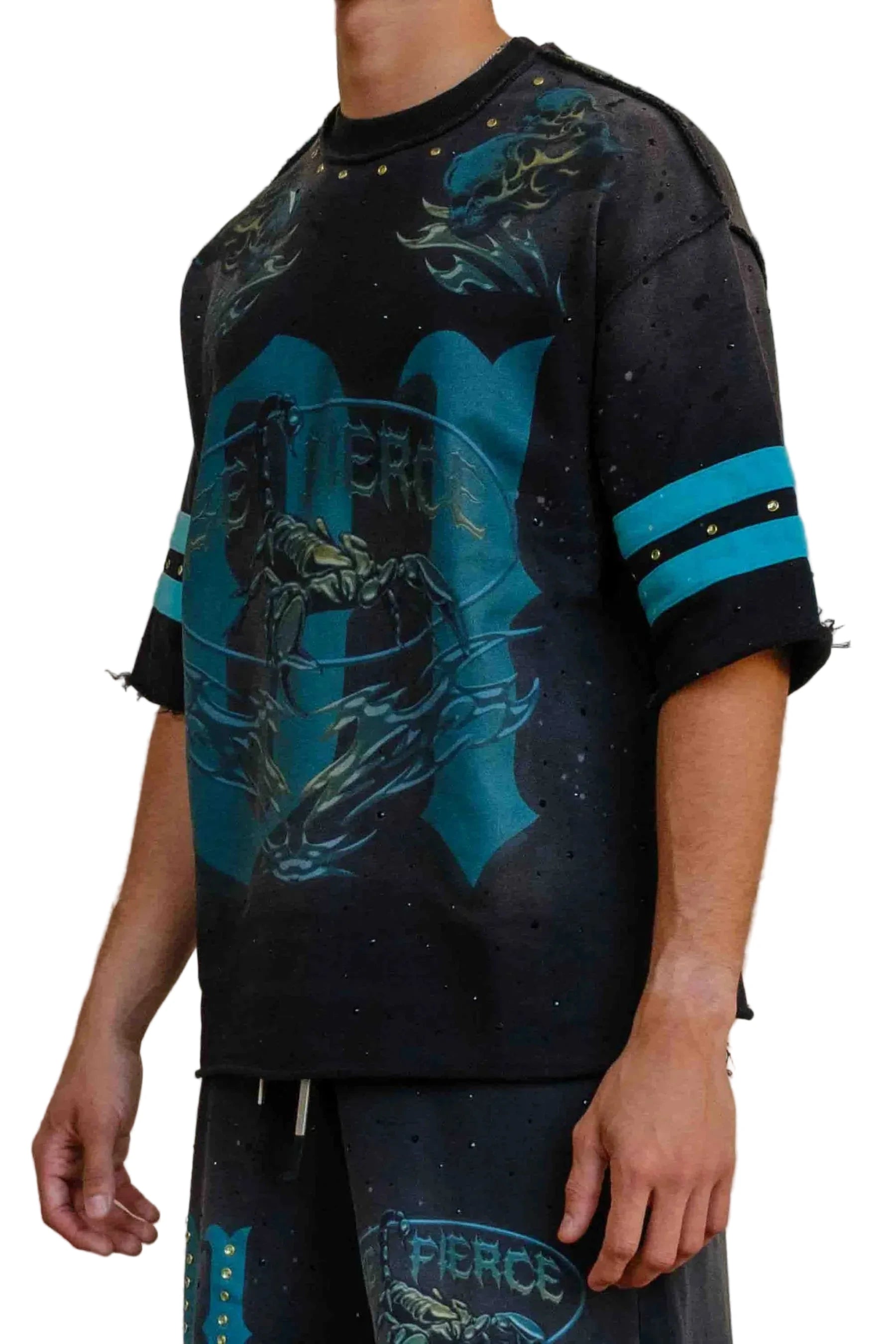 First Row FR Scorpion Varsity black oversized crew neck tee with jewel stone detailing and raw edge hem