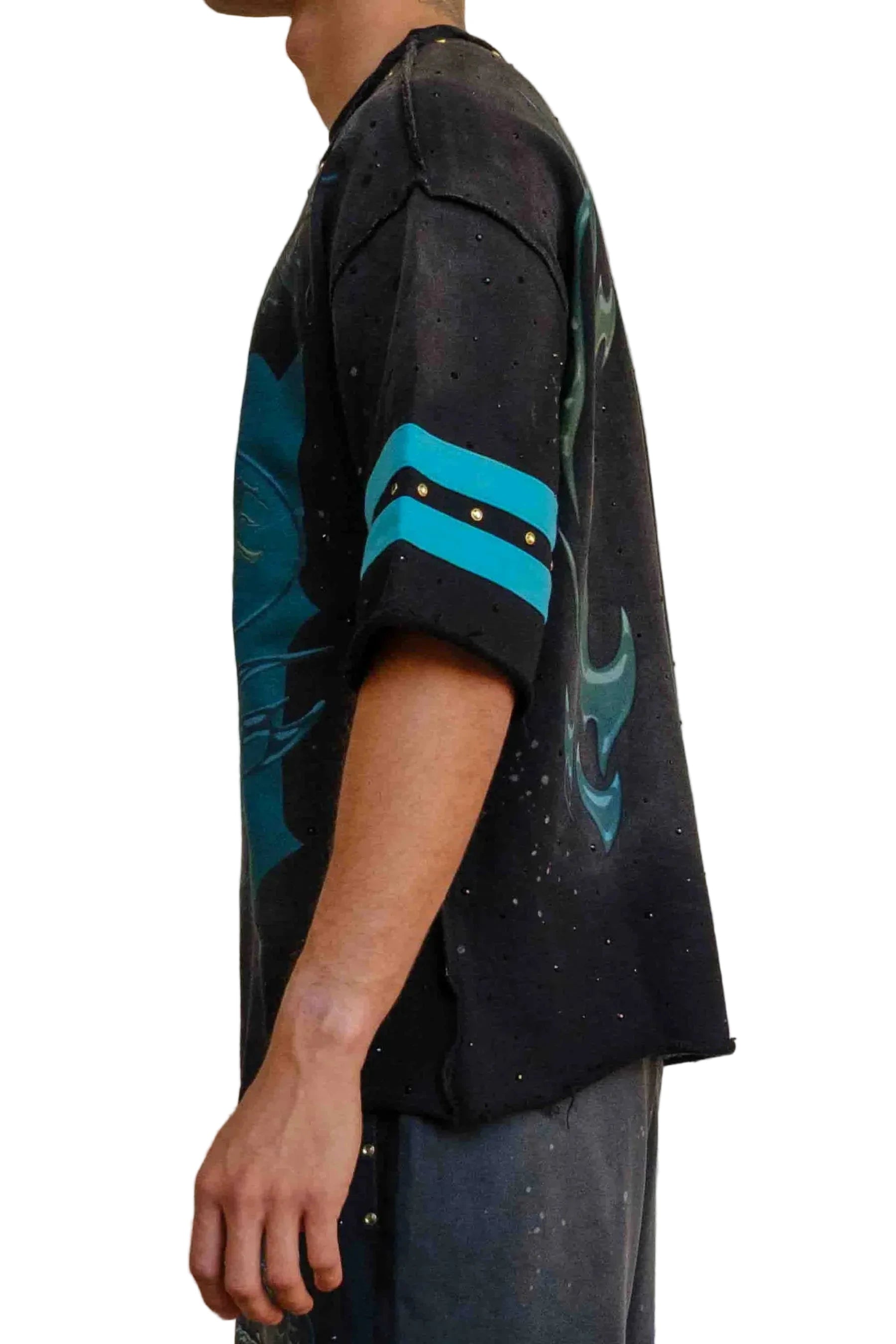 First Row FR Scorpion Varsity black oversized crew neck tee with jewel stone detailing and raw edge hem