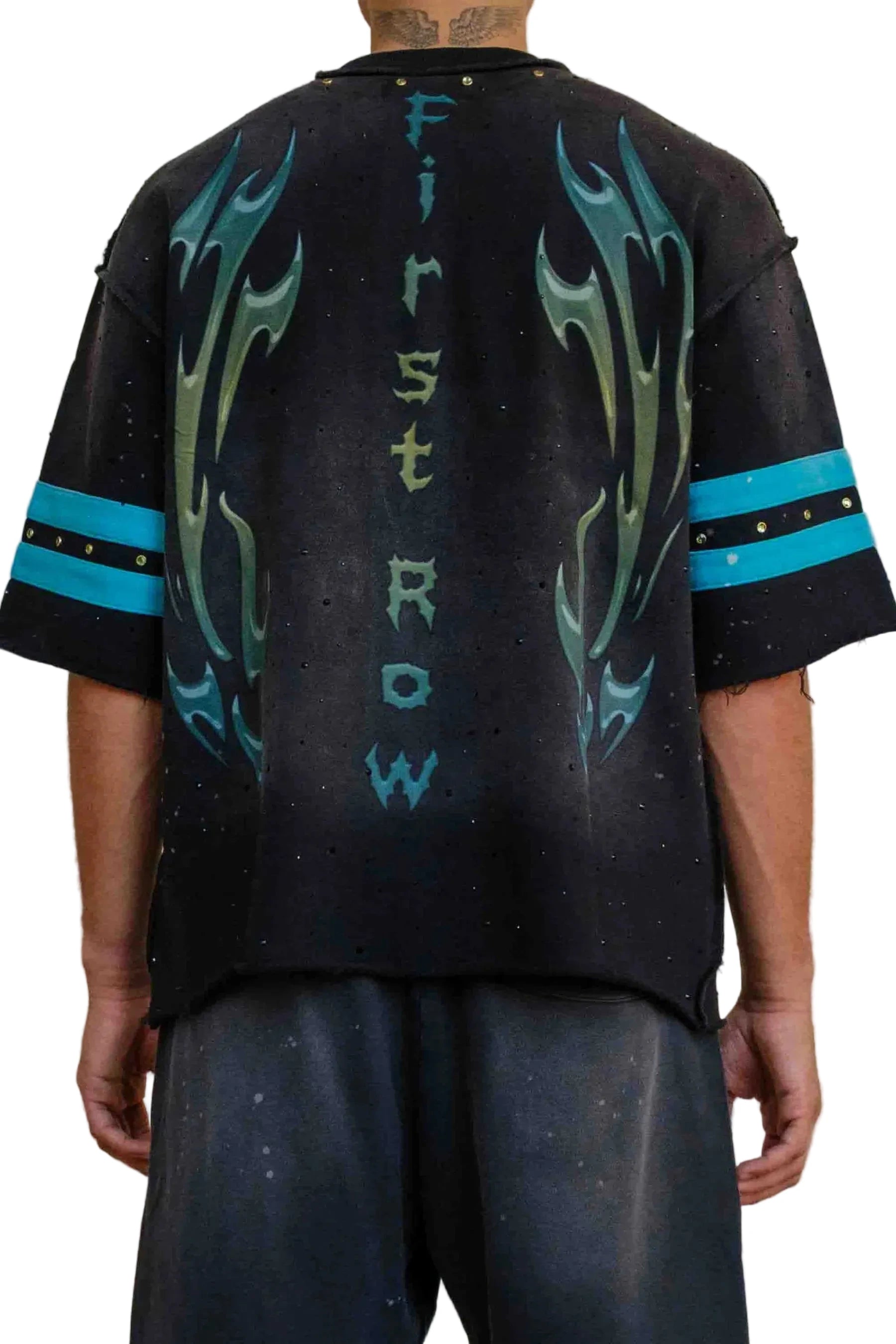 First Row FR Scorpion Varsity black oversized crew neck tee with jewel stone detailing and raw edge hem