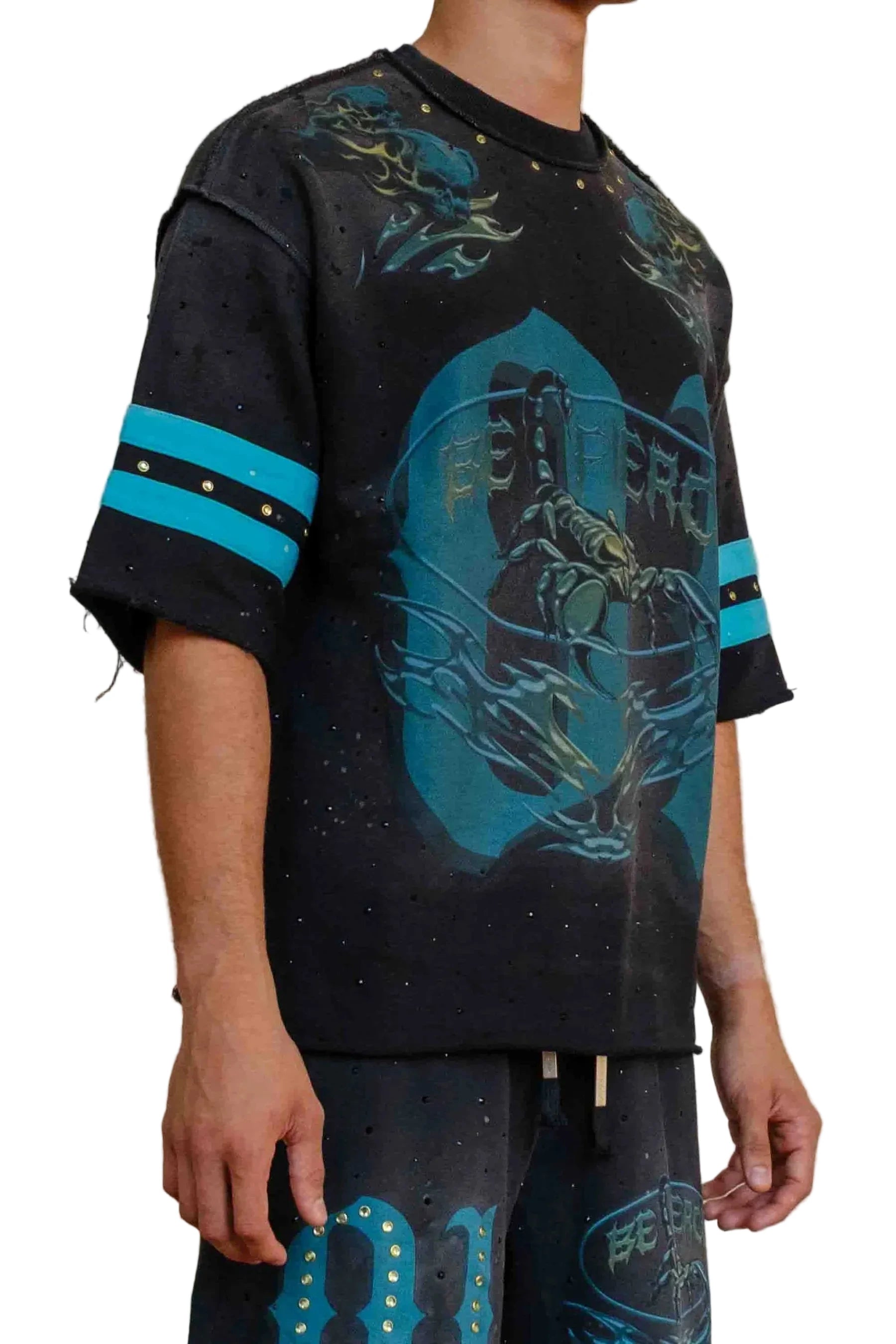 First Row FR Scorpion Varsity black oversized crew neck tee with jewel stone detailing and raw edge hem