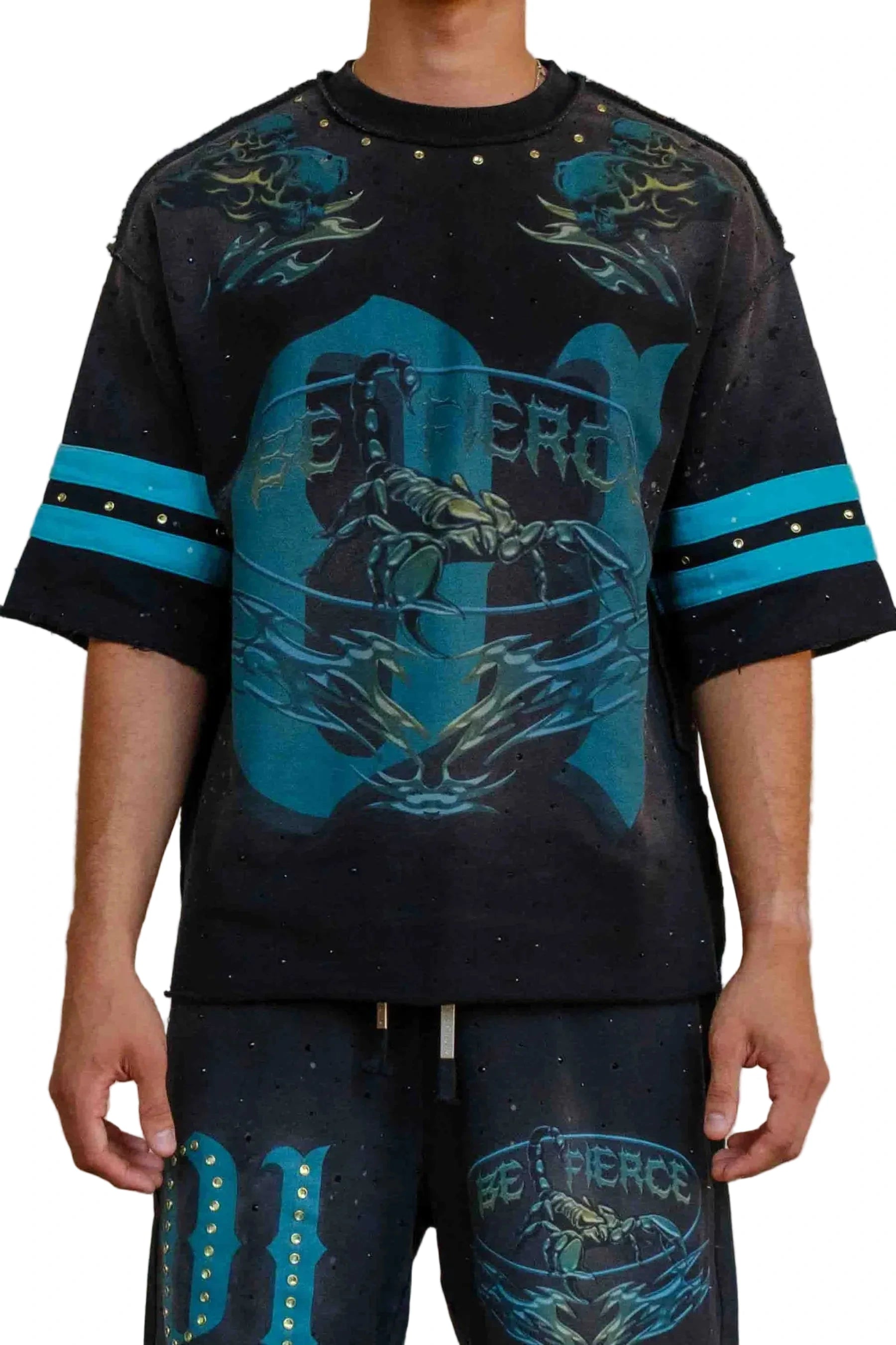 First Row FR Scorpion Varsity black oversized crew neck tee with jewel stone detailing and raw edge hem