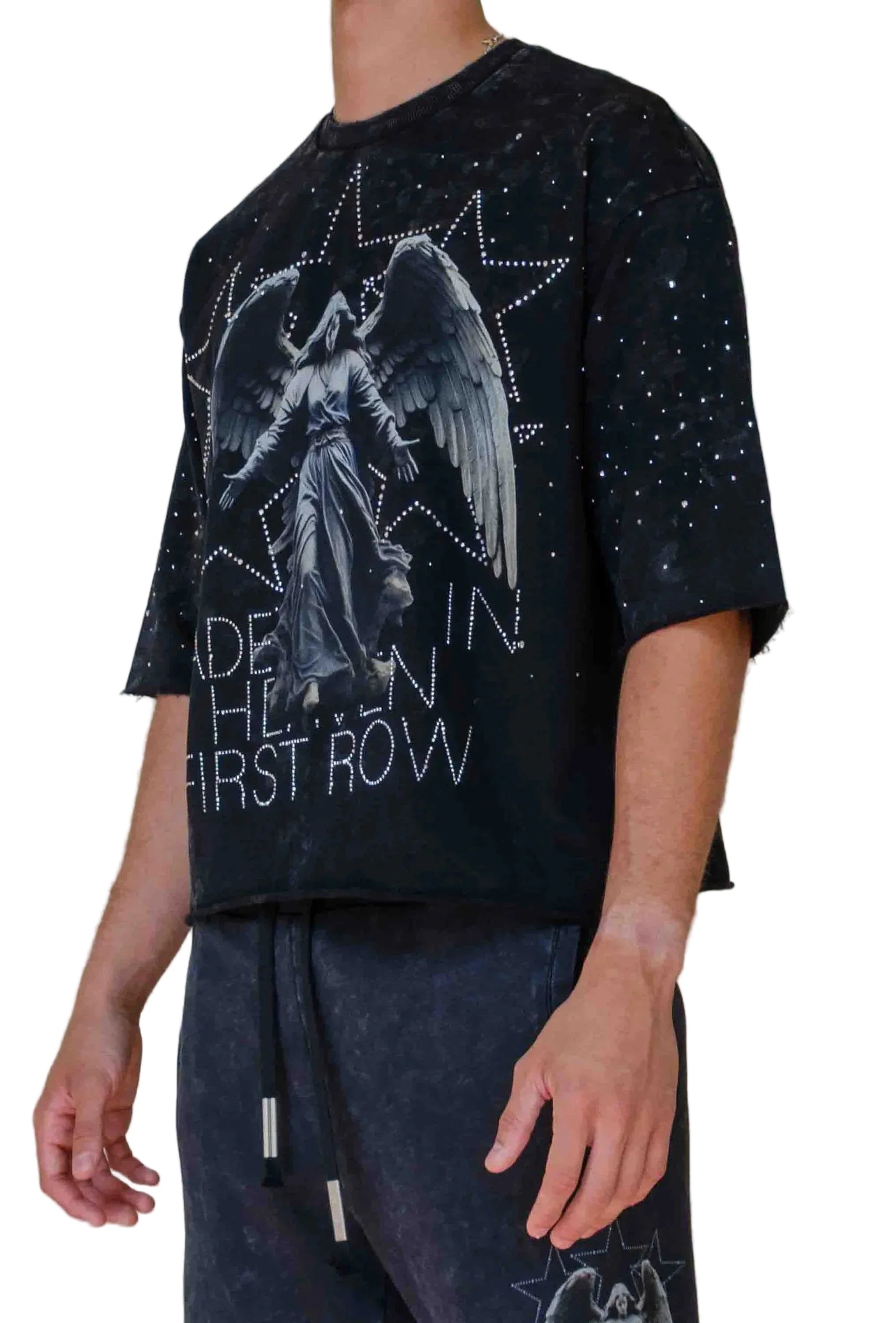 First Row FR Shining Angel Cropped Tee in black with 3/4 sleeves, stud detailing, raw edge hem, and ribbed neck
