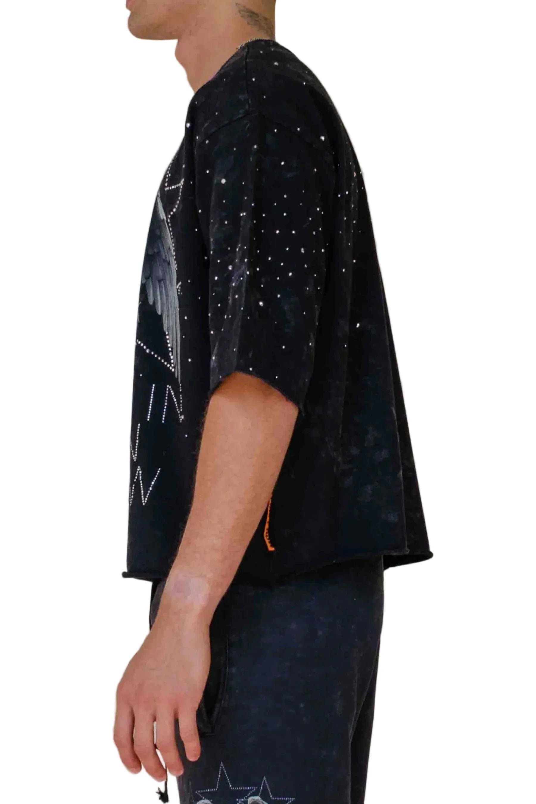 First Row FR Shining Angel Cropped Tee in black with 3/4 sleeves, stud detailing, raw edge hem, and ribbed neck