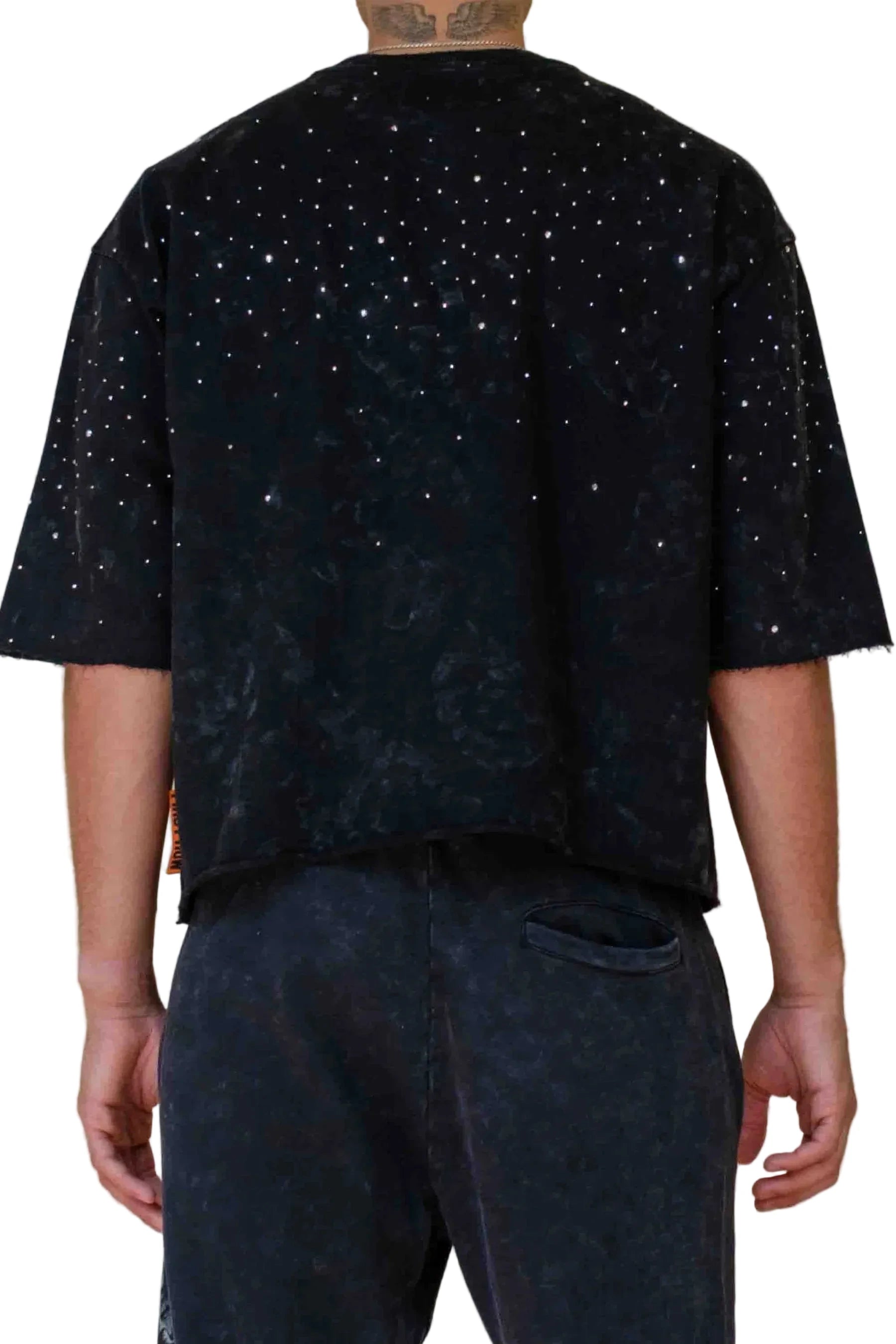 First Row FR Shining Angel Cropped Tee in black with 3/4 sleeves, stud detailing, raw edge hem, and ribbed neck