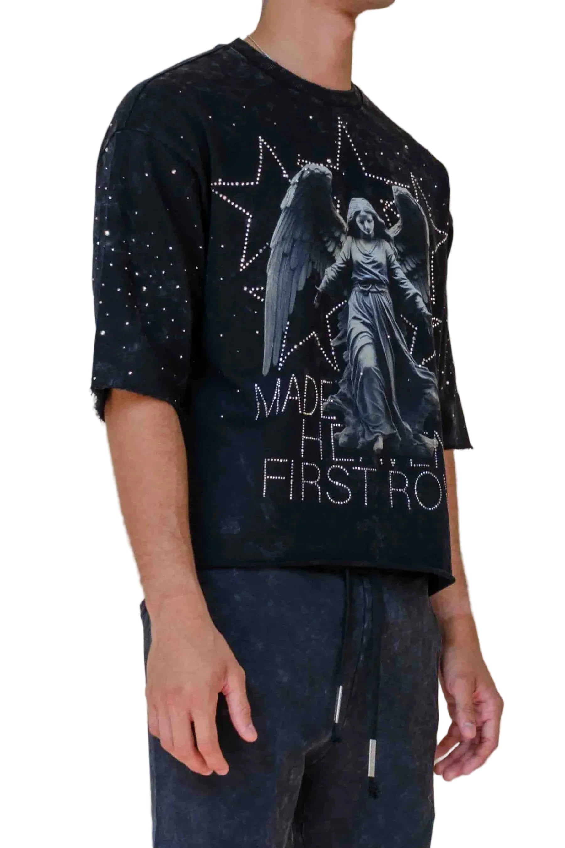 First Row FR Shining Angel Cropped Tee in black with 3/4 sleeves, stud detailing, raw edge hem, and ribbed neck