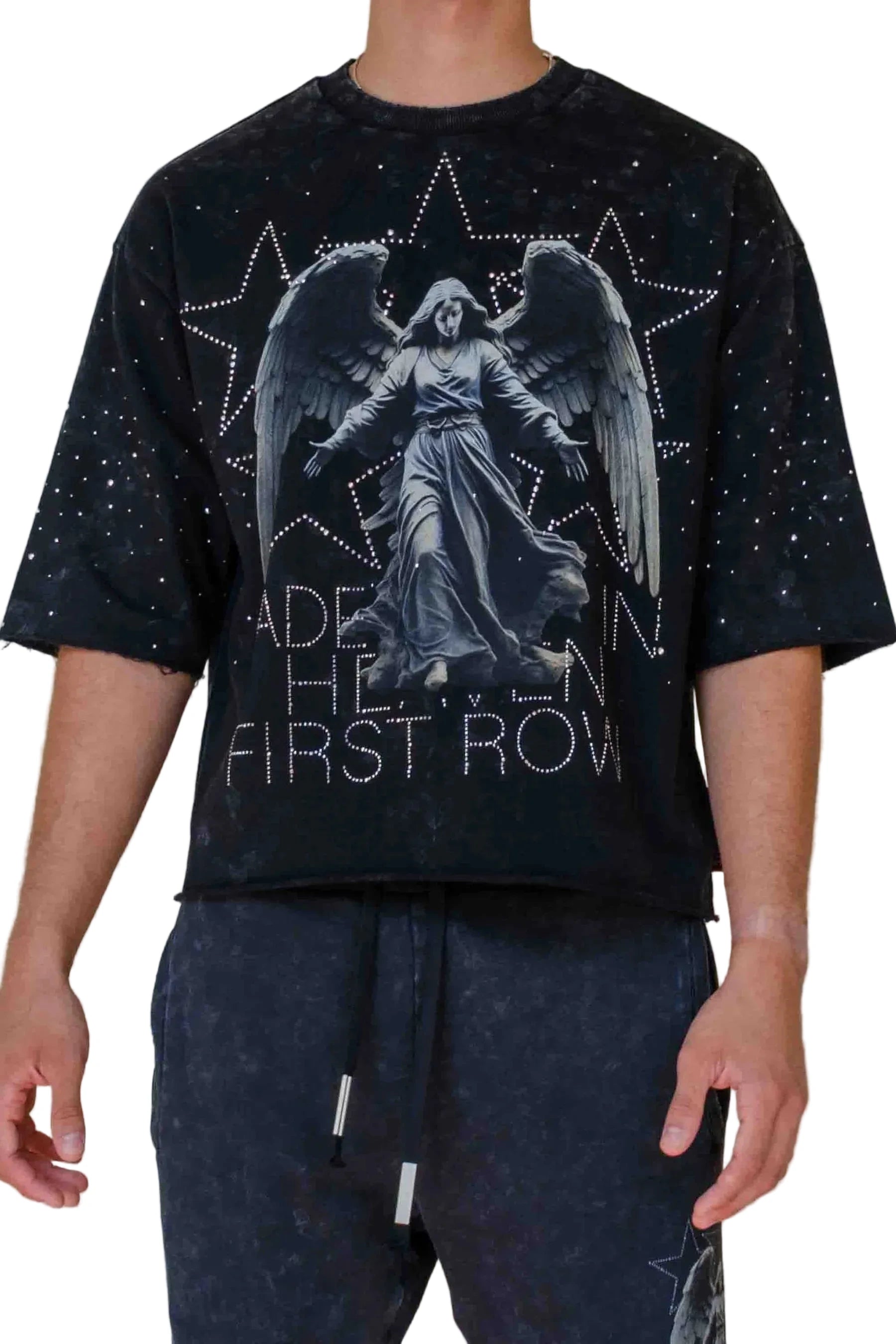 First Row FR Shining Angel Cropped Tee in black with 3/4 sleeves, stud detailing, raw edge hem, and ribbed neck