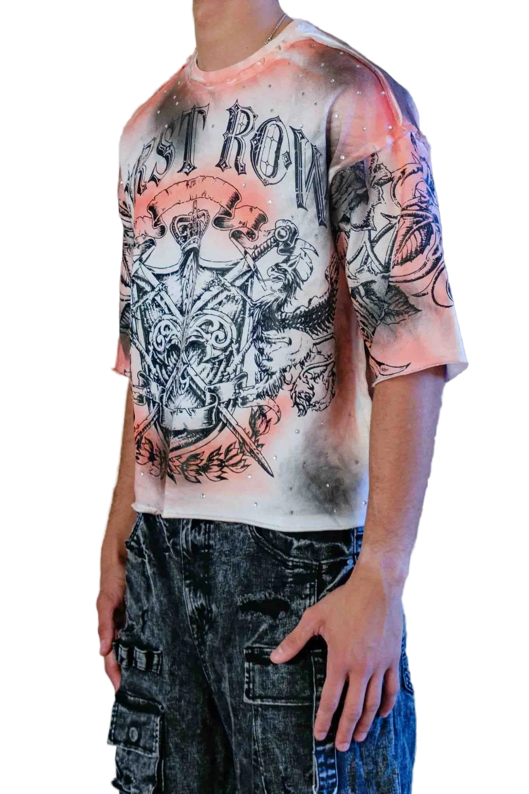 First Row FR Sacred Vow Honor white cropped tee with 3/4 sleeves, rhinestone and rubber print detailing, raw edge hem, and ribbed neck