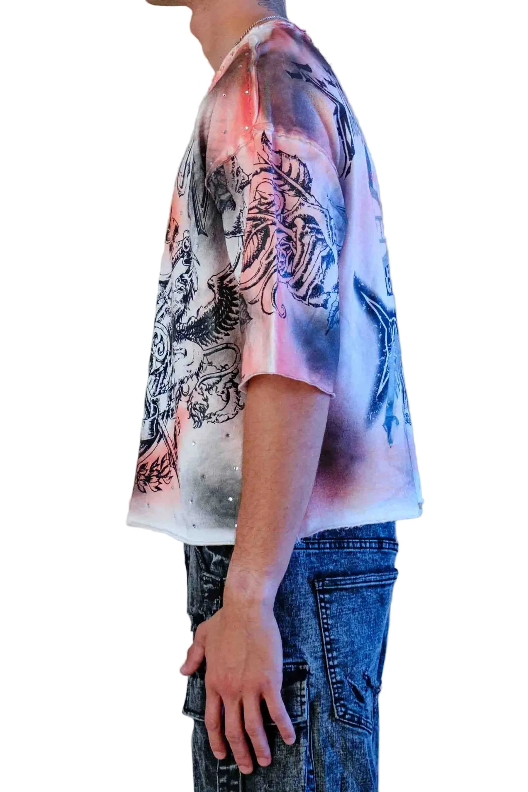 First Row FR Sacred Vow Honor white cropped tee with 3/4 sleeves, rhinestone and rubber print detailing, raw edge hem, and ribbed neck