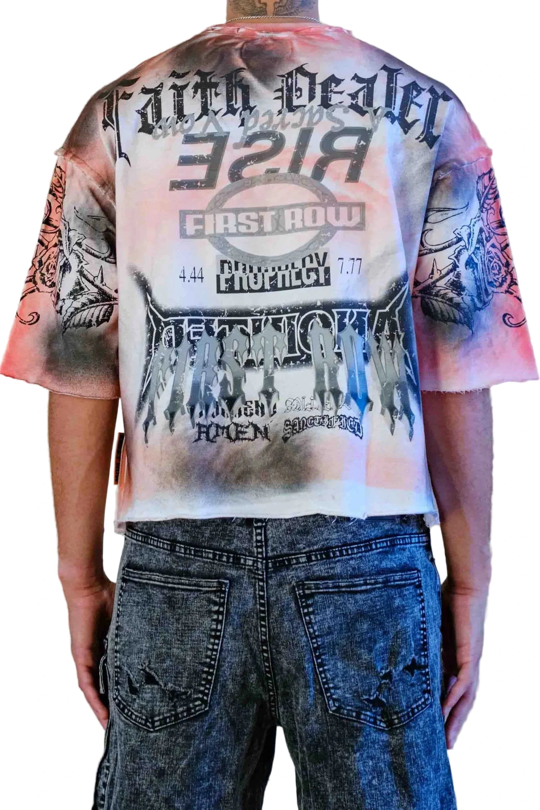 First Row FR Sacred Vow Honor white cropped tee with 3/4 sleeves, rhinestone and rubber print detailing, raw edge hem, and ribbed neck