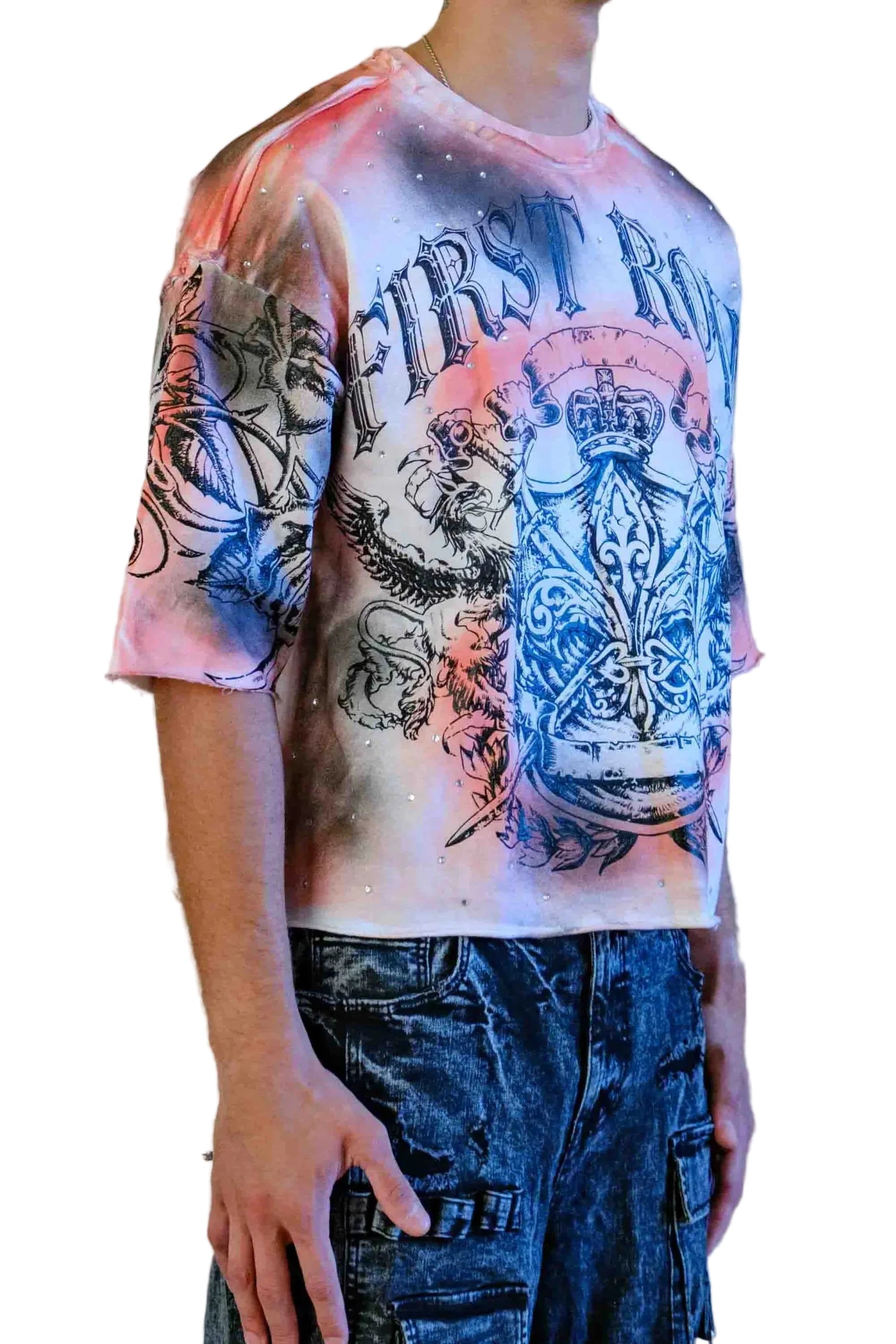 First Row FR Sacred Vow Honor white cropped tee with 3/4 sleeves, rhinestone and rubber print detailing, raw edge hem, and ribbed neck