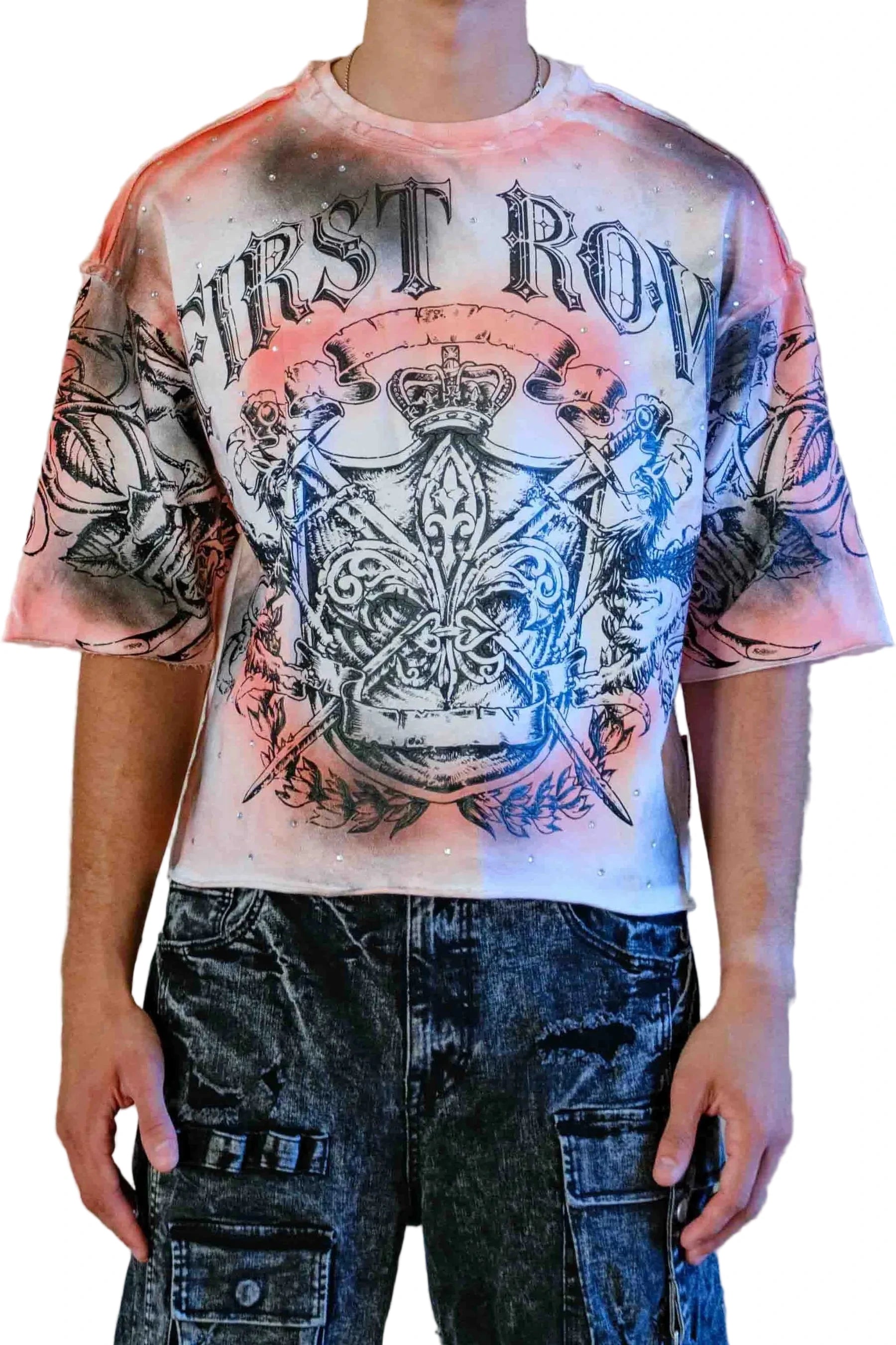 First Row FR Sacred Vow Honor white cropped tee with 3/4 sleeves, rhinestone and rubber print detailing, raw edge hem, and ribbed neck