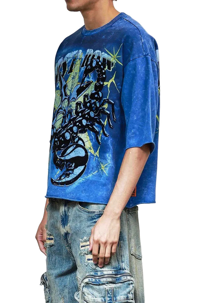 First Row FR Cropped Tee in royal with 3/4 sleeves, flock and rhinestone detailing, raw-edge hem, and ribbed neck