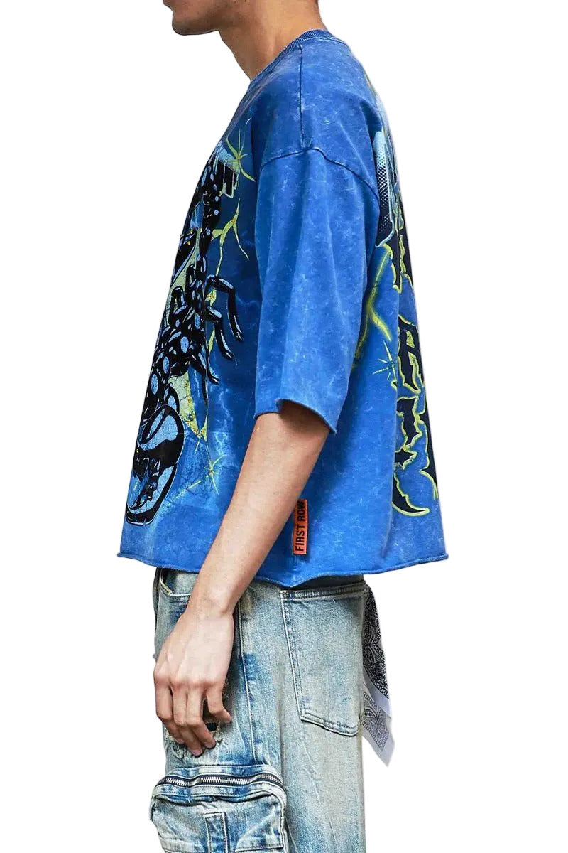 First Row FR Cropped Tee in royal with 3/4 sleeves, flock and rhinestone detailing, raw-edge hem, and ribbed neck