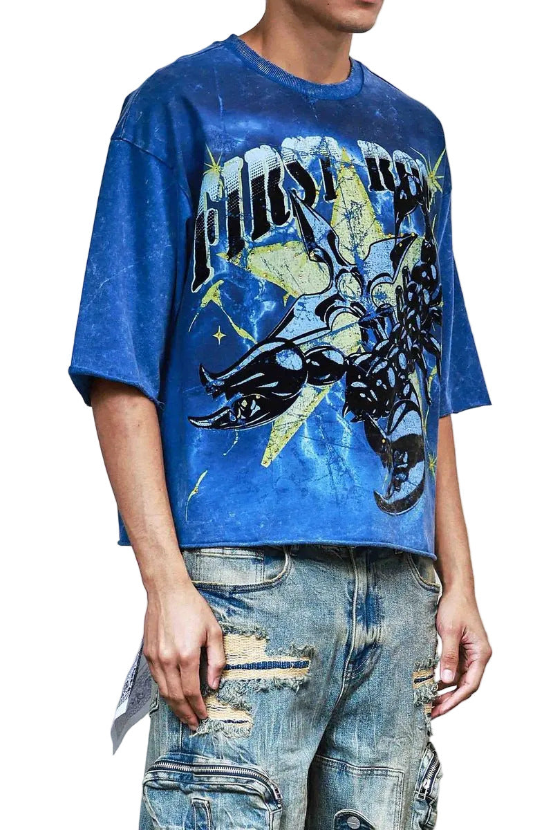 First Row FR Cropped Tee in royal with 3/4 sleeves, flock and rhinestone detailing, raw-edge hem, and ribbed neck