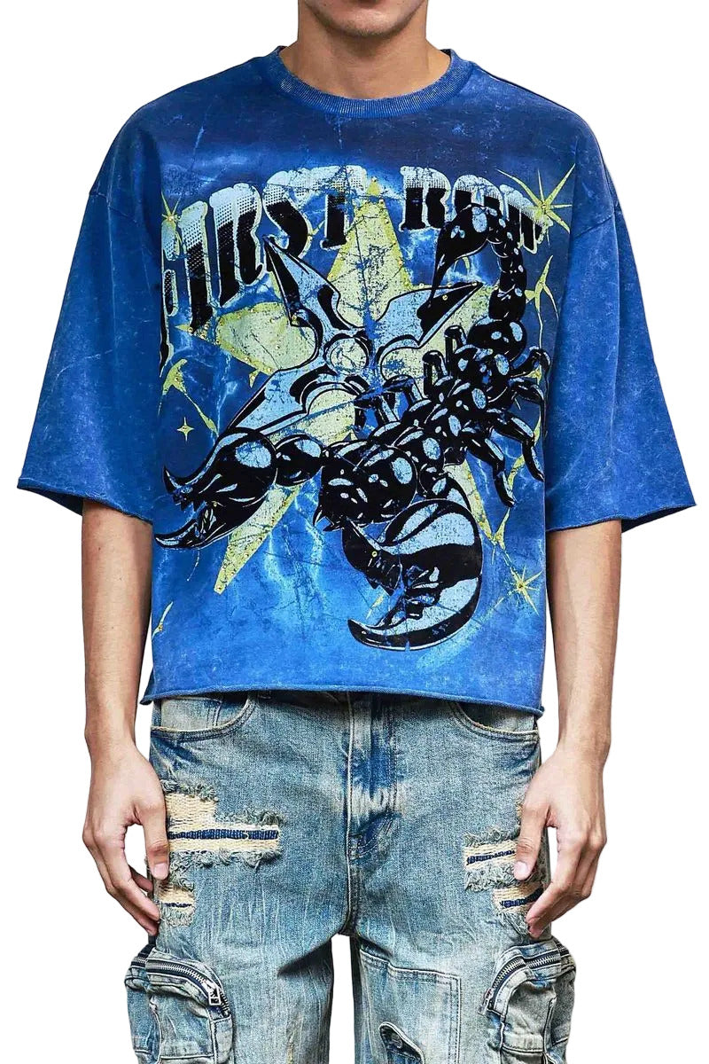 First Row FR Cropped Tee in royal with 3/4 sleeves, flock and rhinestone detailing, raw-edge hem, and ribbed neck