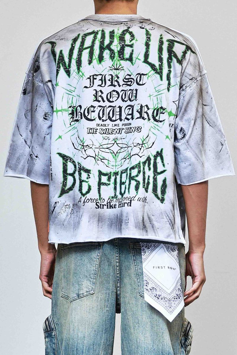FR Cropped Tee in white with 3/4 sleeves, rhinestone and paint detailing, raw-edge hem, and ribbed neck