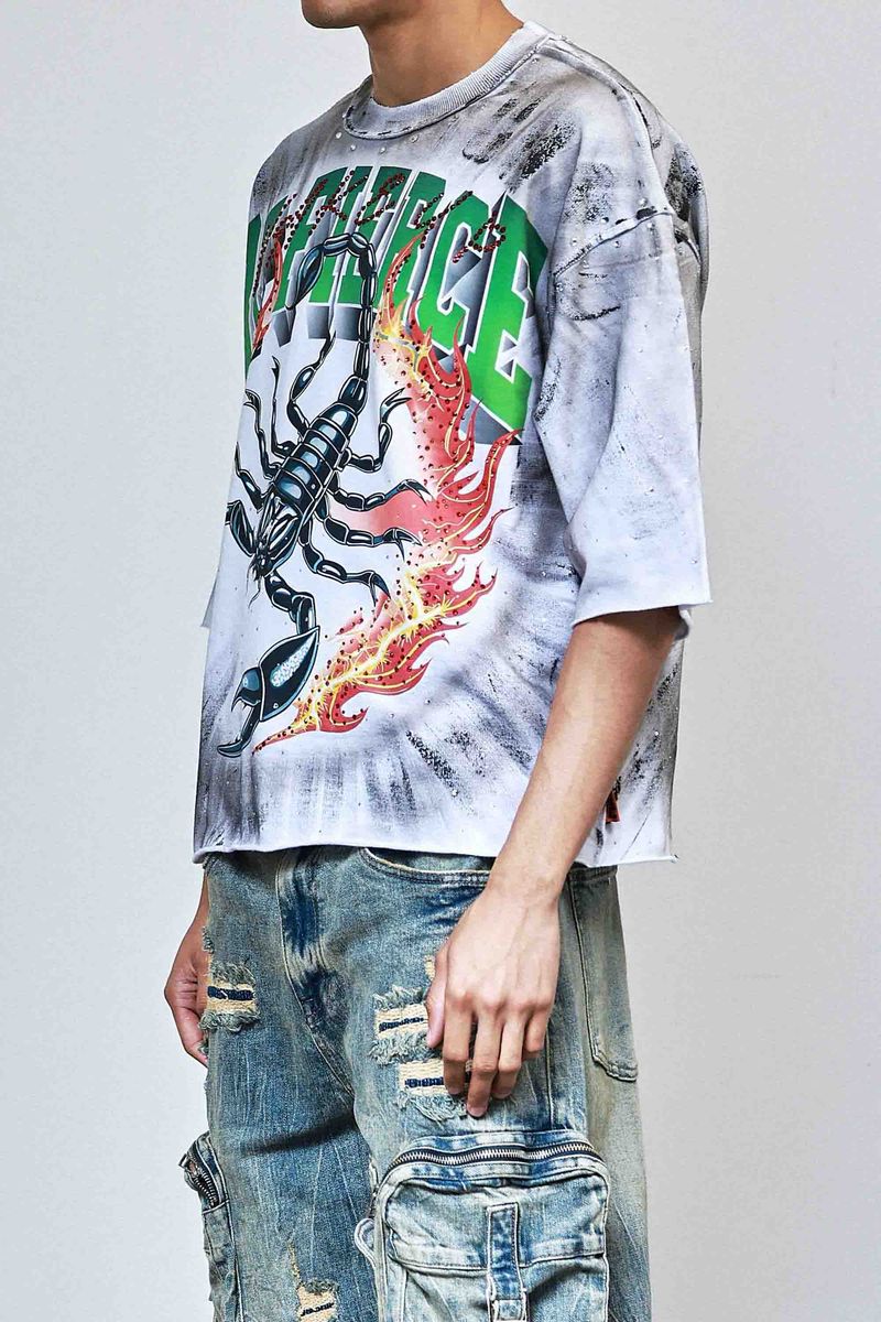 FR Cropped Tee in white with 3/4 sleeves, rhinestone and paint detailing, raw-edge hem, and ribbed neck