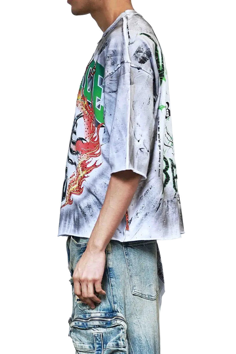 FR Cropped Tee in white with 3/4 sleeves, rhinestone and paint detailing, raw-edge hem, and ribbed neck