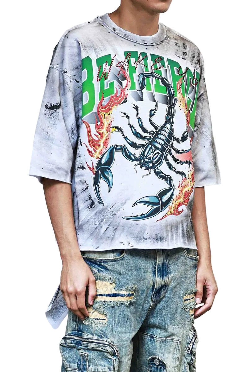 FR Cropped Tee in white with 3/4 sleeves, rhinestone and paint detailing, raw-edge hem, and ribbed neck