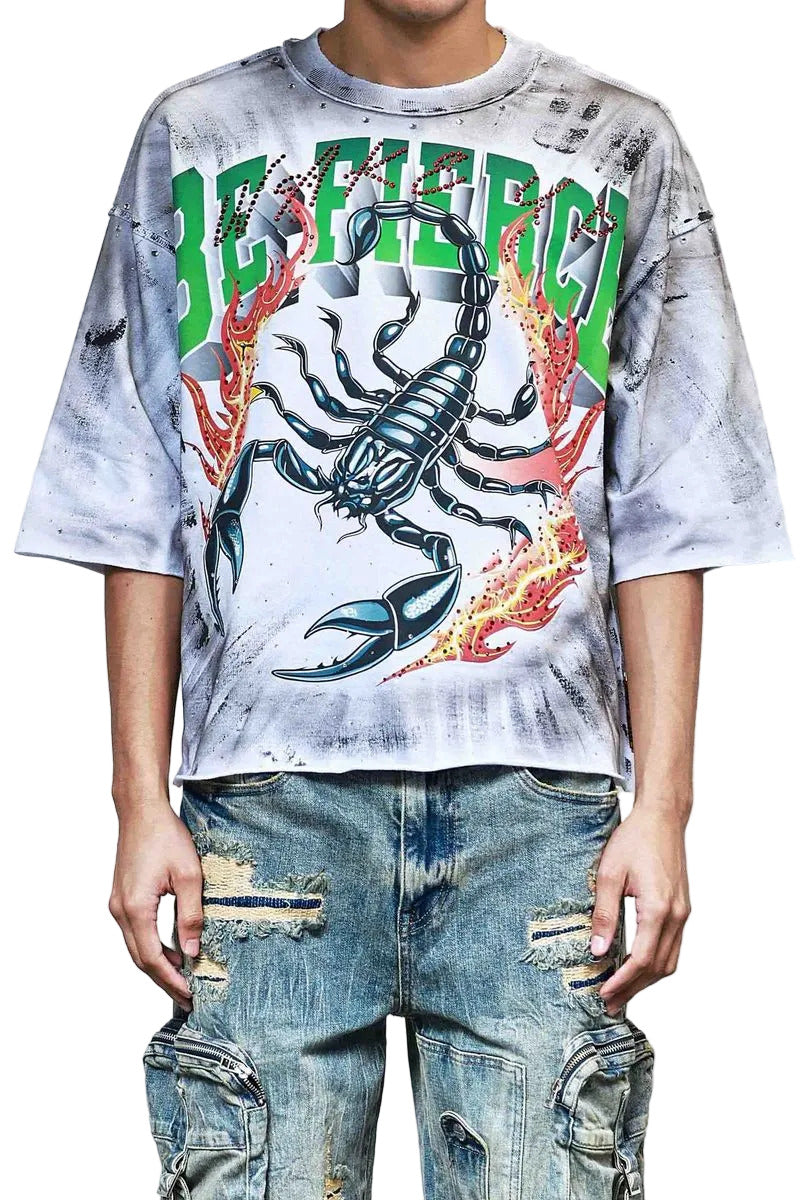 FR Cropped Tee in white with 3/4 sleeves, rhinestone and paint detailing, raw-edge hem, and ribbed neck