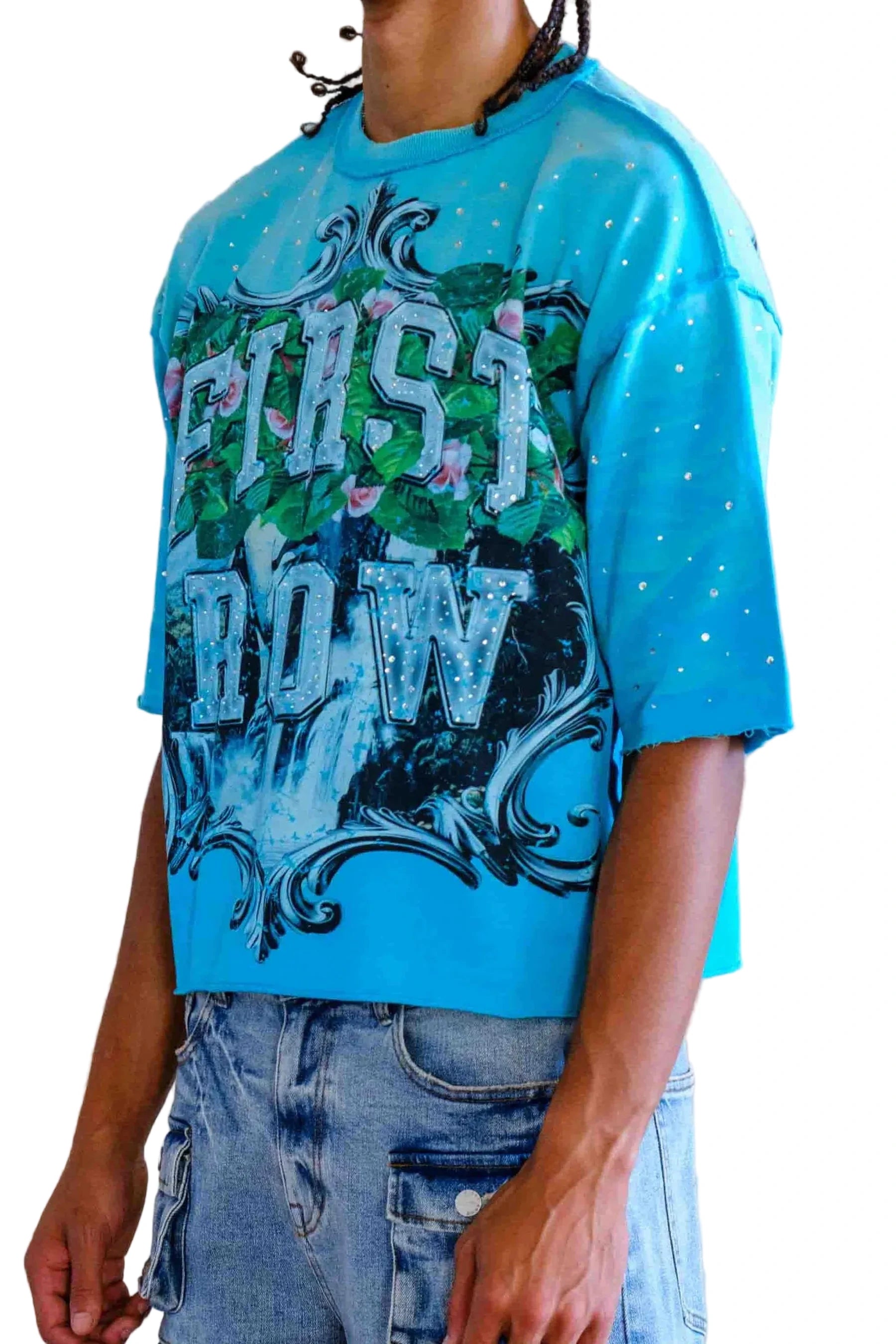 First Row FR Lost Utopia Frame teal cropped mini terry tee with rhinestone detailing and raw edge hem