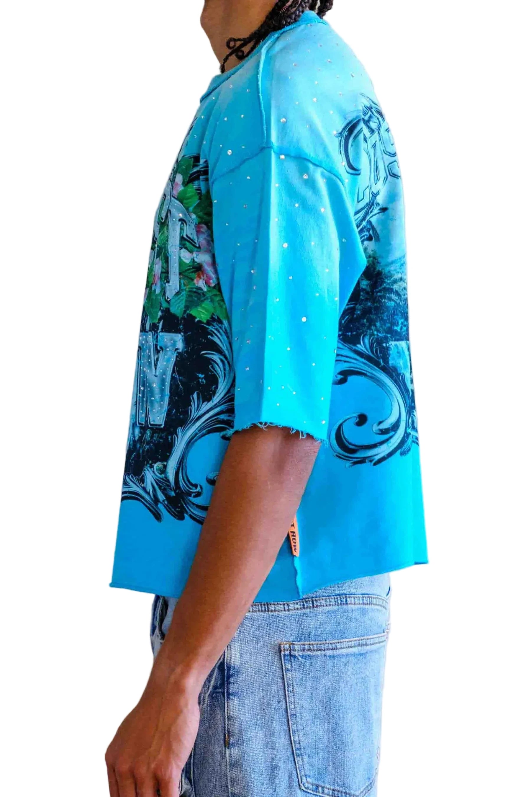 First Row FR Lost Utopia Frame teal cropped mini terry tee with rhinestone detailing and raw edge hem