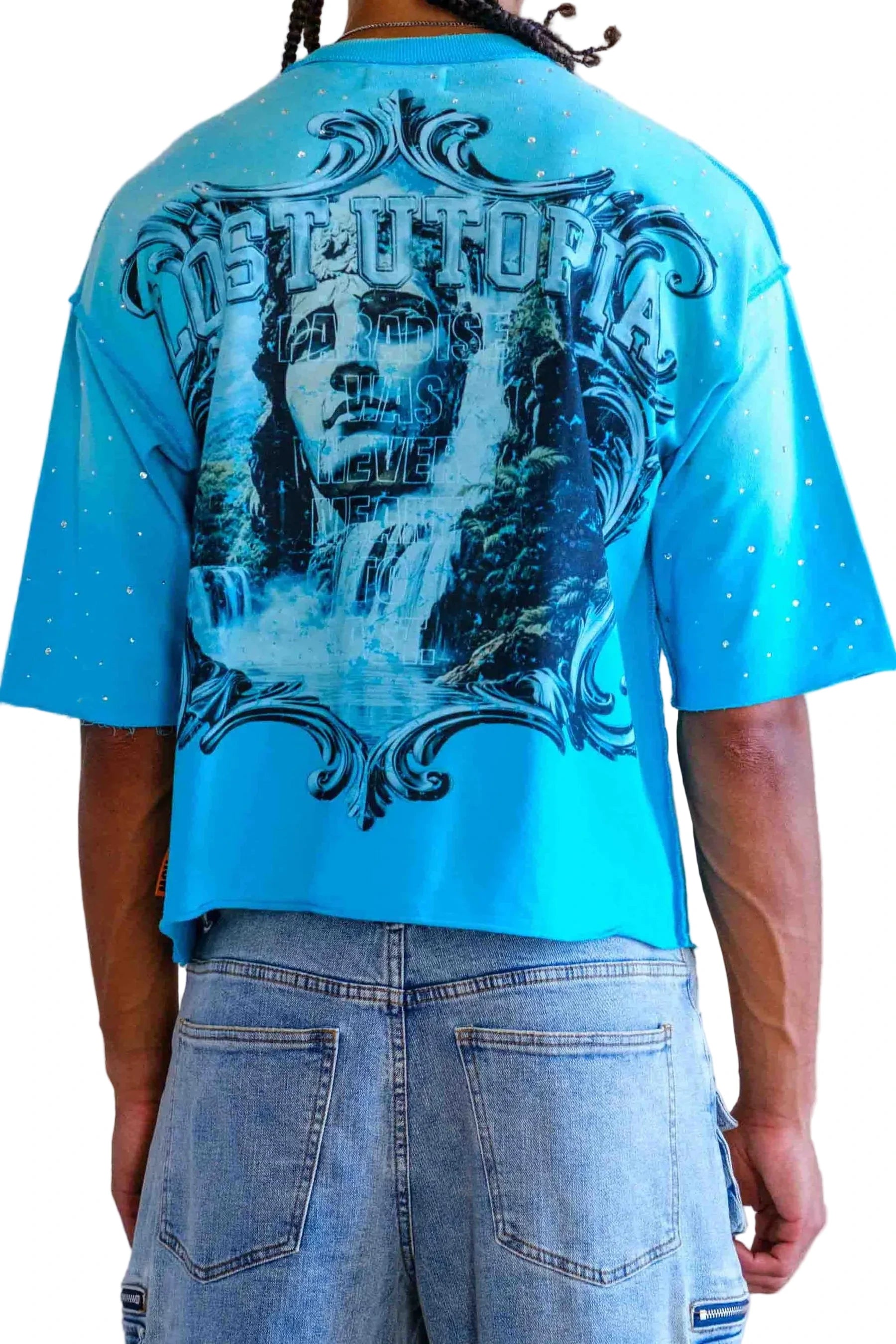First Row FR Lost Utopia Frame teal cropped mini terry tee with rhinestone detailing and raw edge hem