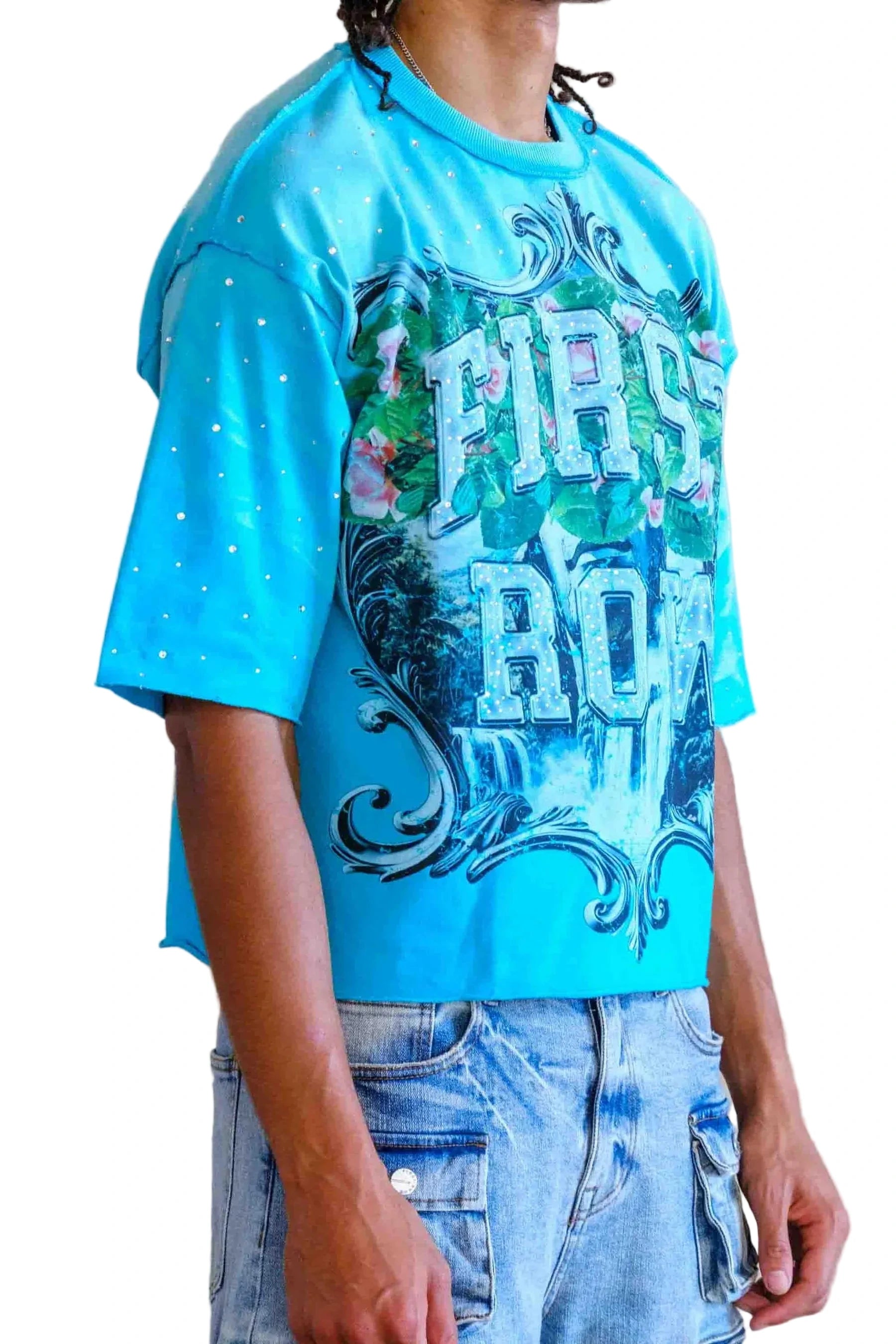 First Row FR Lost Utopia Frame teal cropped mini terry tee with rhinestone detailing and raw edge hem