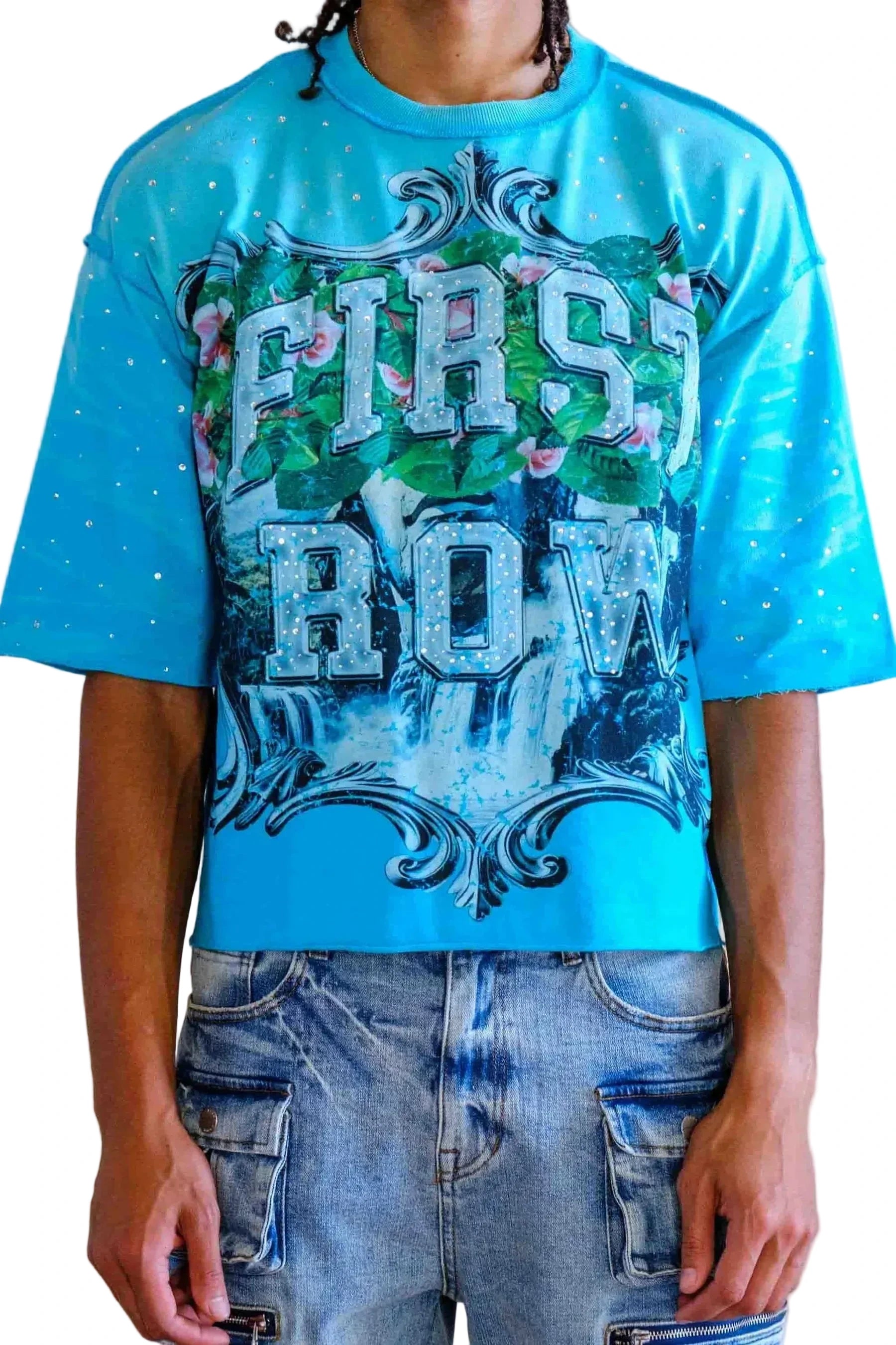 First Row FR Lost Utopia Frame teal cropped mini terry tee with rhinestone detailing and raw edge hem